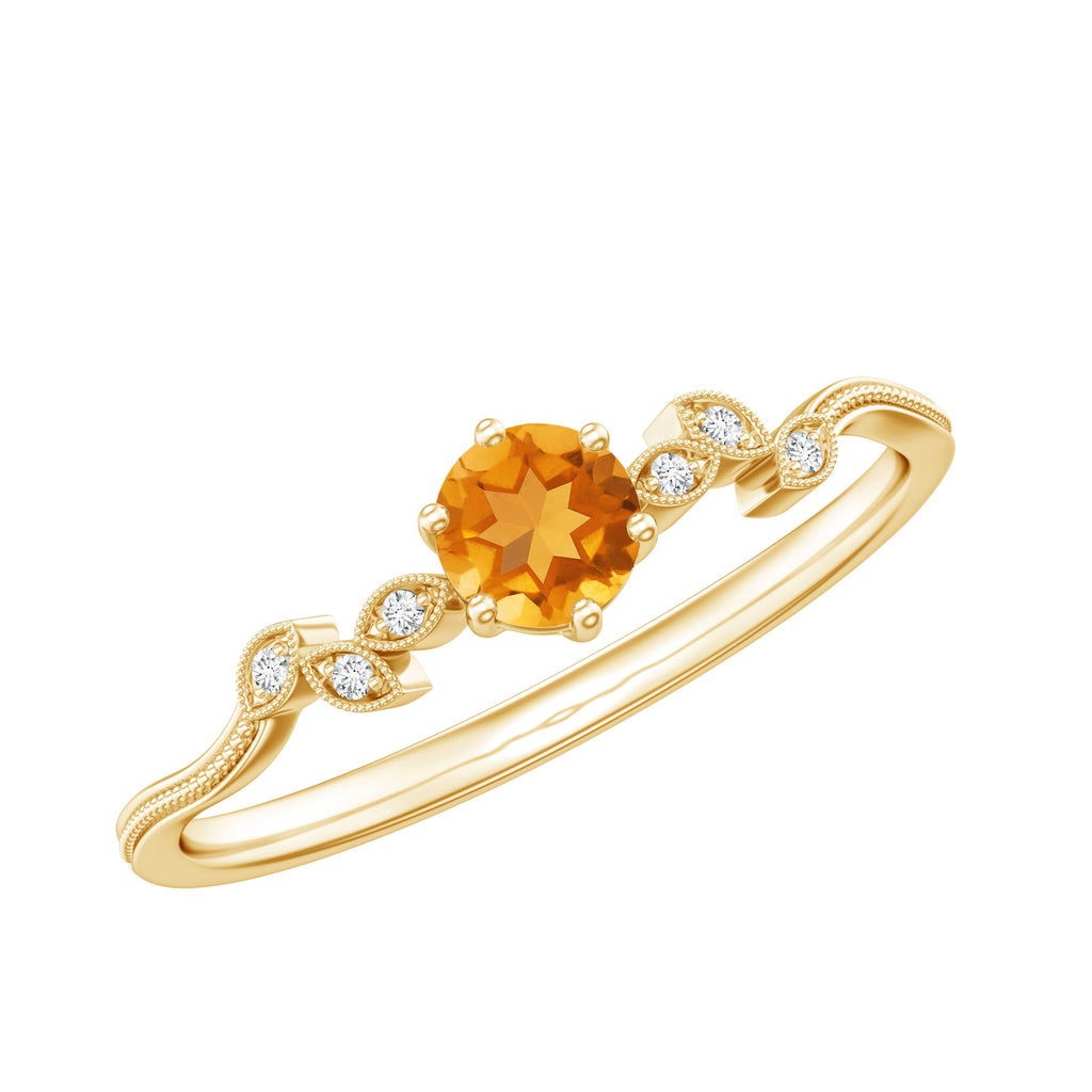 Citrine Diamond Proposal Ring – Minimalist Leaf Pattern Ring in Yellow Gold Plated Silver