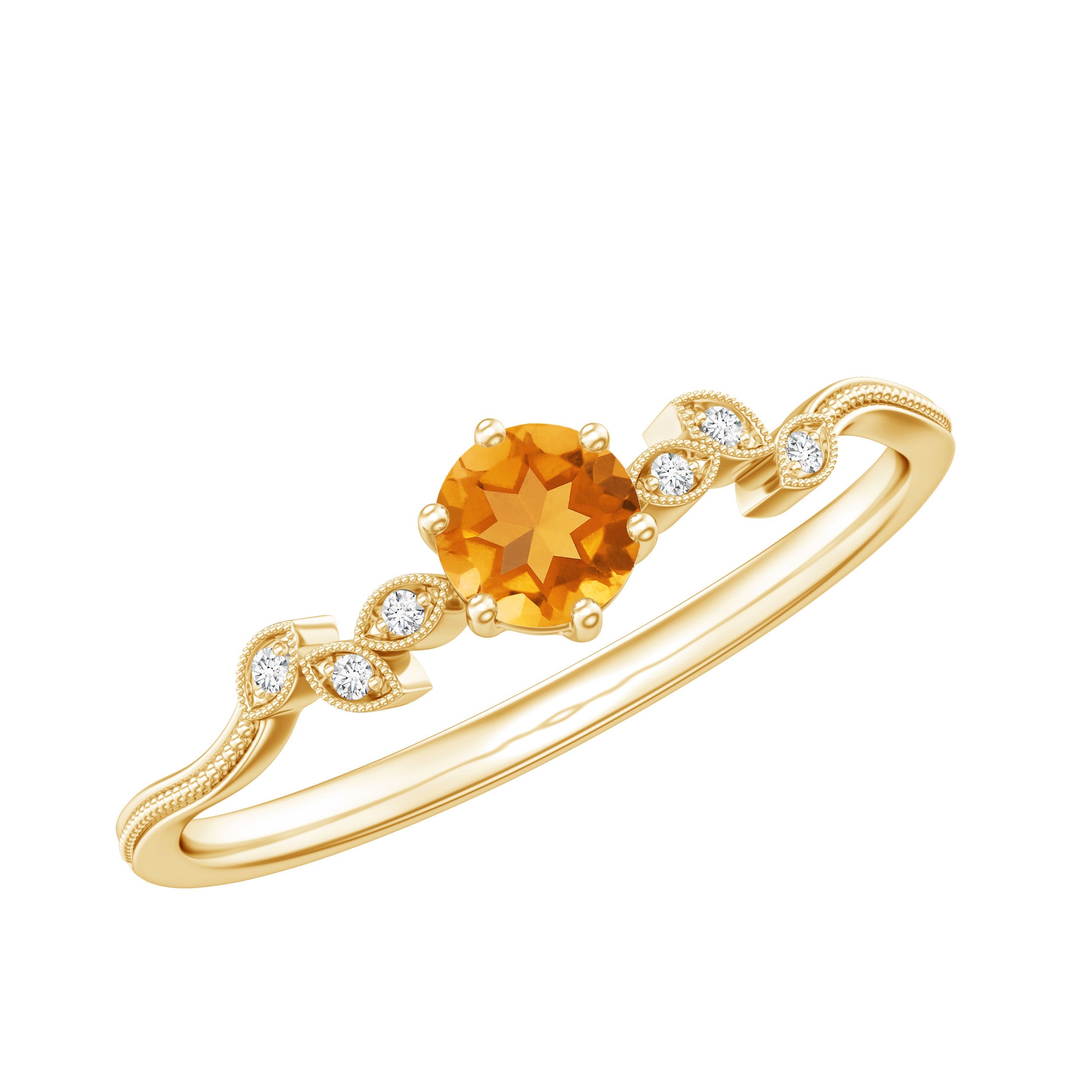 Citrine Diamond Proposal Ring – Minimalist Leaf Pattern Ring in Yellow Gold Plated Silver