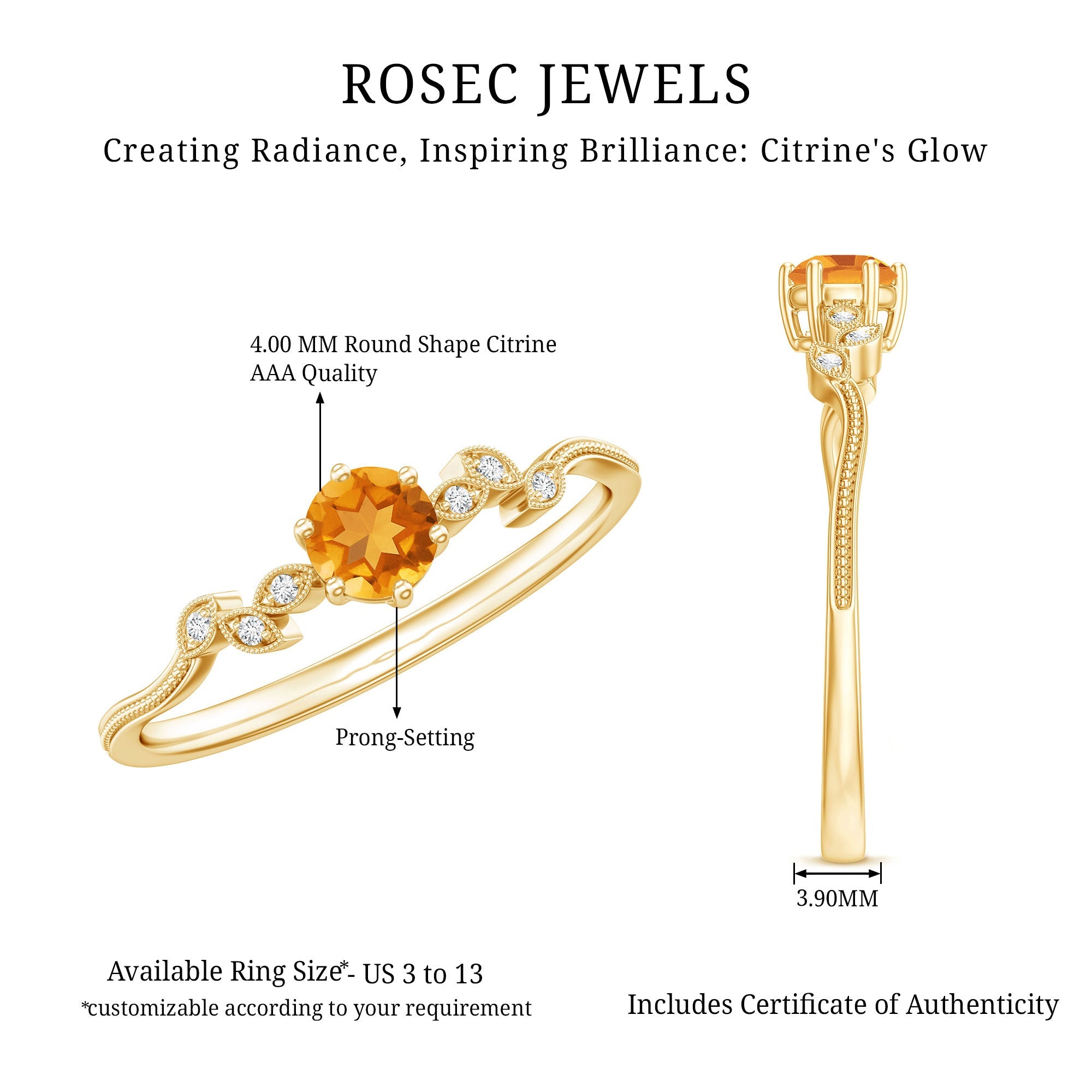 Citrine Diamond Proposal Ring – Minimalist Leaf Pattern Ring in Yellow Gold Plated Silver