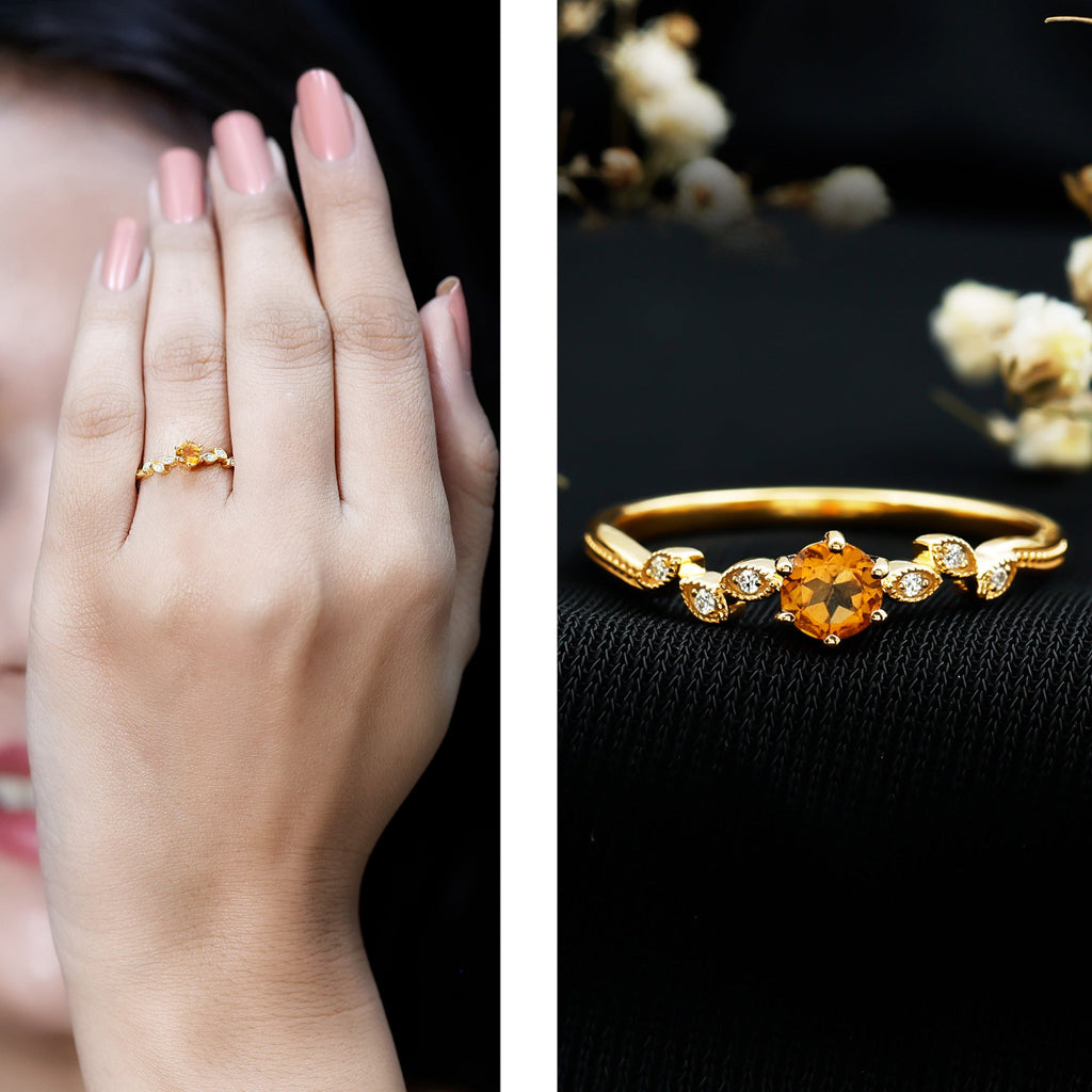 Citrine Diamond Proposal Ring – Minimalist Leaf Pattern Ring in Yellow Gold Plated Silver