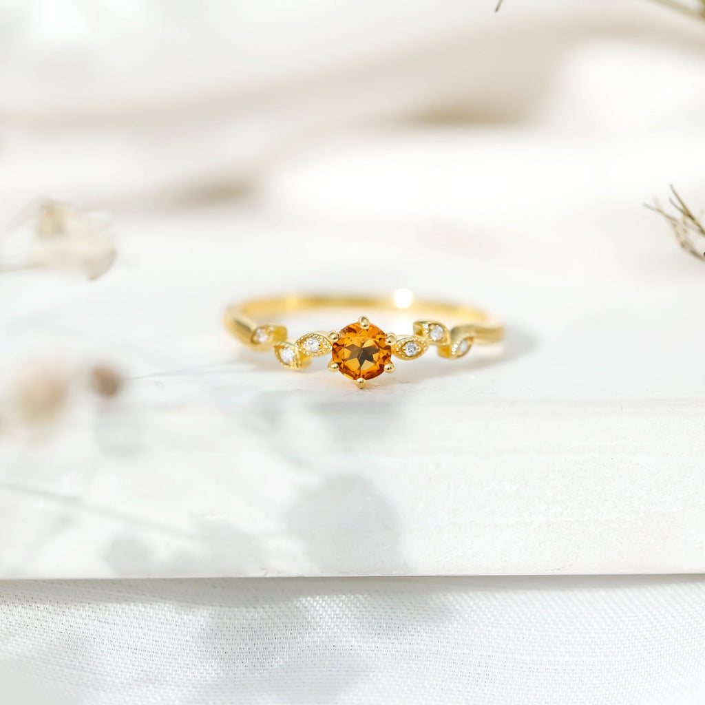 Citrine Diamond Proposal Ring – Minimalist Leaf Pattern Ring in Yellow Gold Plated Silver