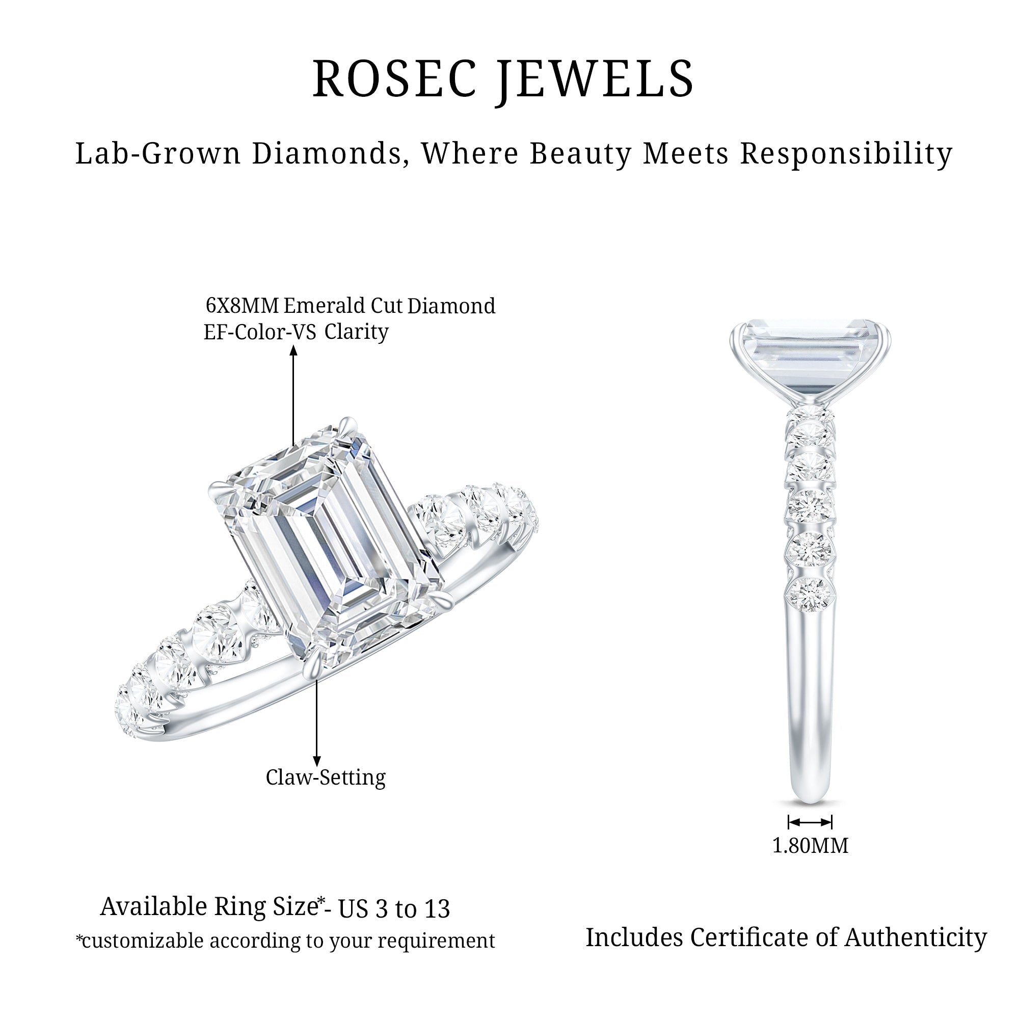 1.8 Carat Emerald Cut Lab Grown Diamond Engagement Ring with Accent