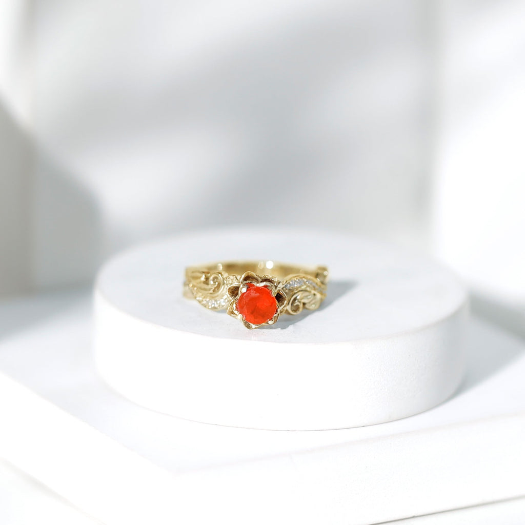 Certified Fire Opal and Diamond Rose Flower Engagement Ring