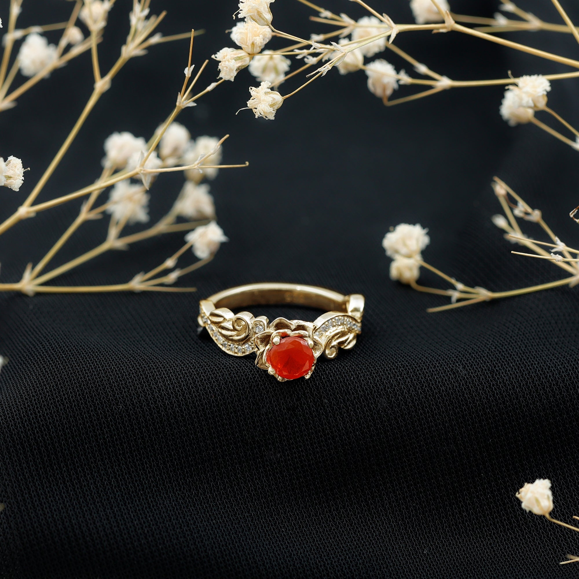 Certified Fire Opal and Diamond Rose Flower Engagement Ring