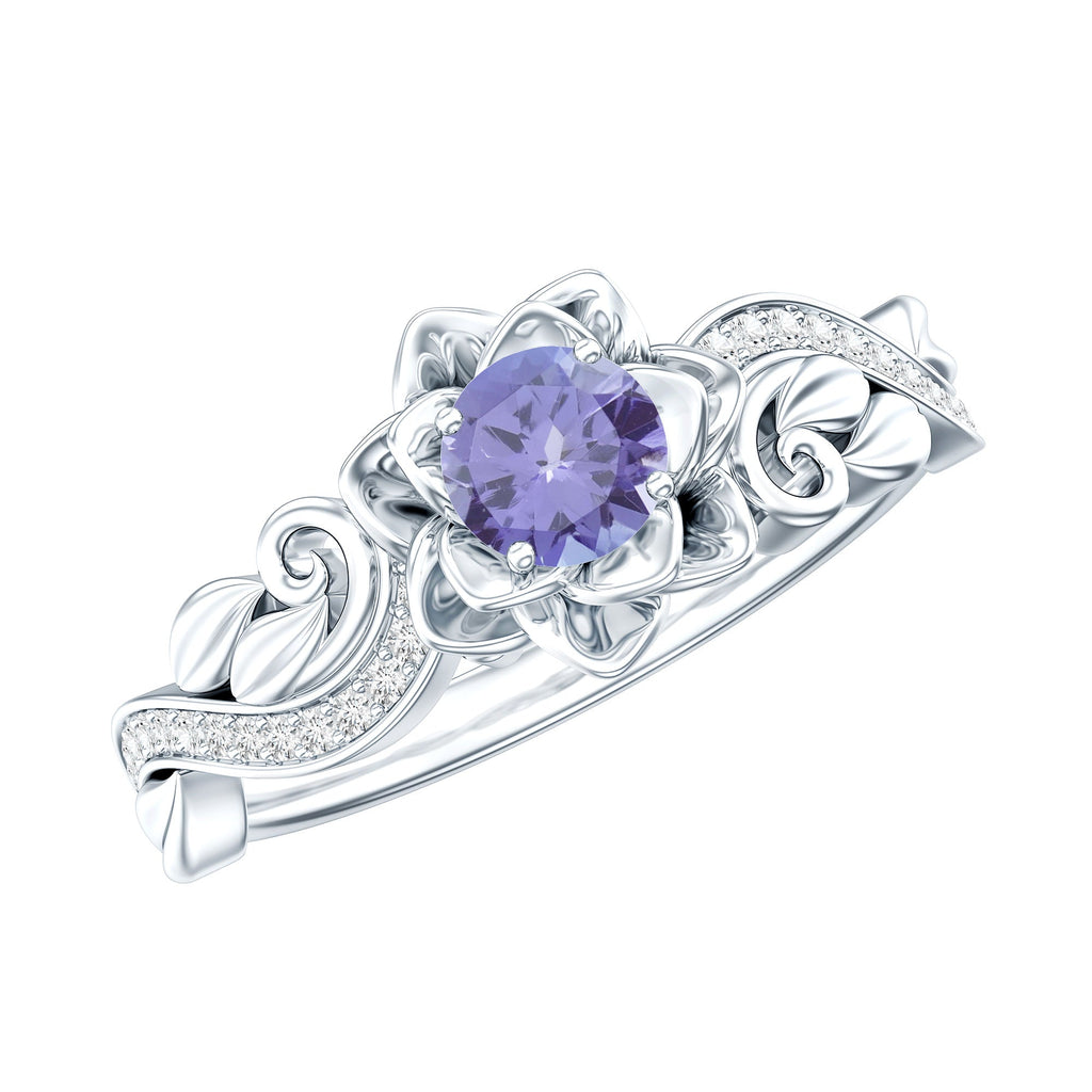 Tanzanite Engagement Ring – Silver Floral Ring with Diamond Flower Design