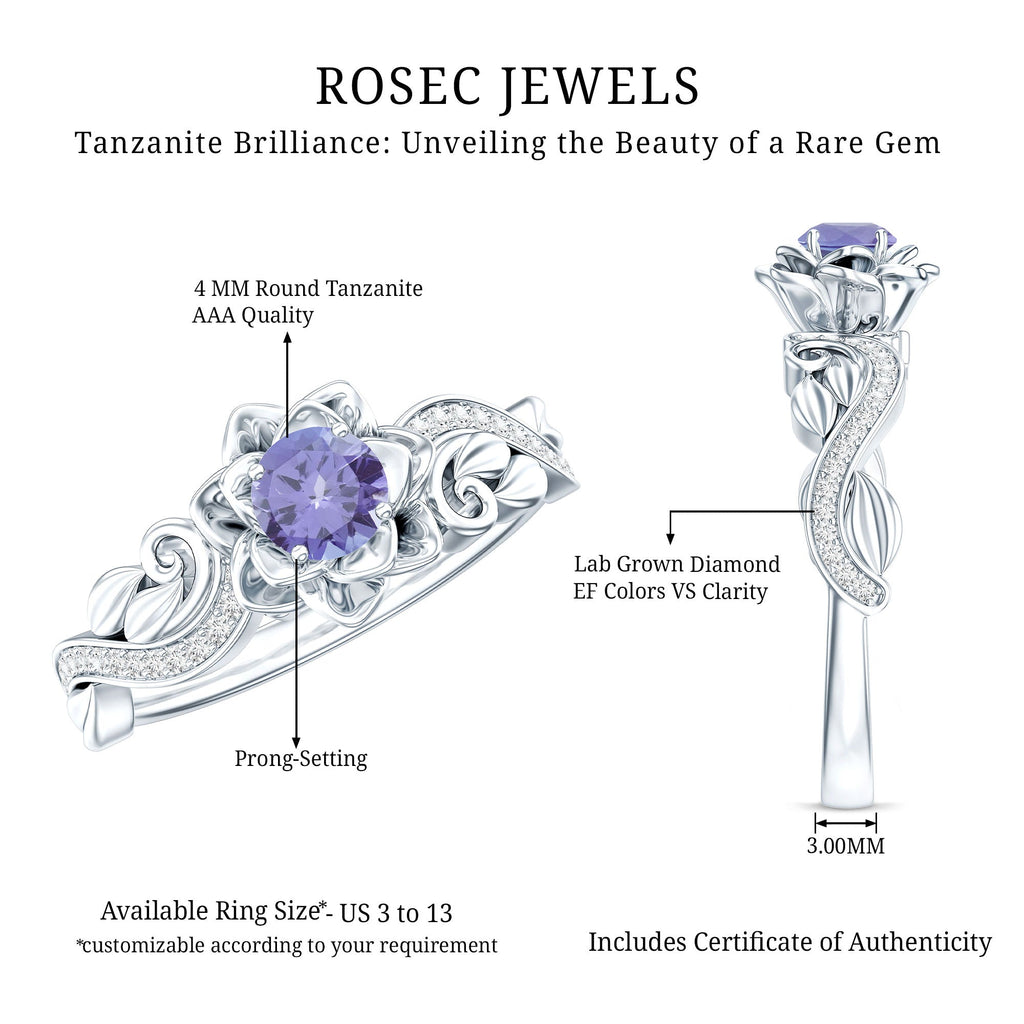 Tanzanite Engagement Ring – Silver Floral Ring with Diamond Flower Design