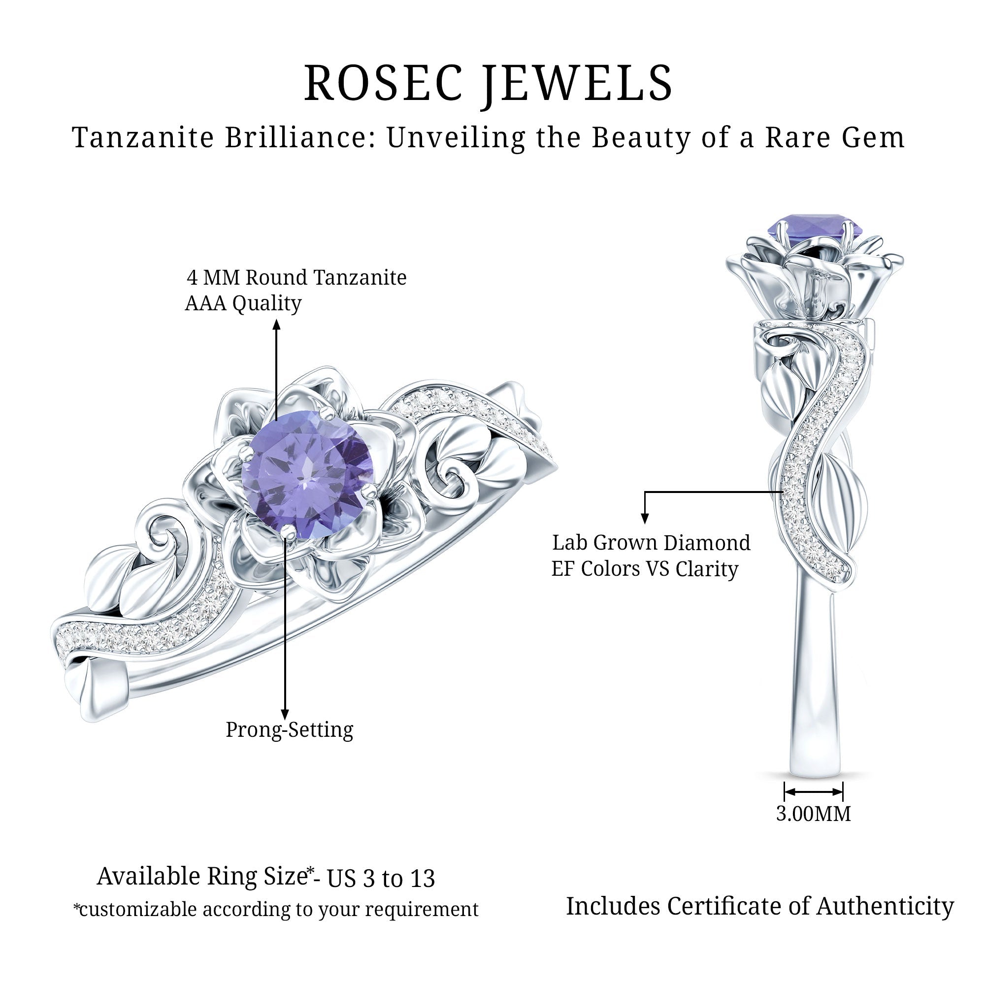 Tanzanite Engagement Ring – Silver Floral Ring with Diamond Flower Design