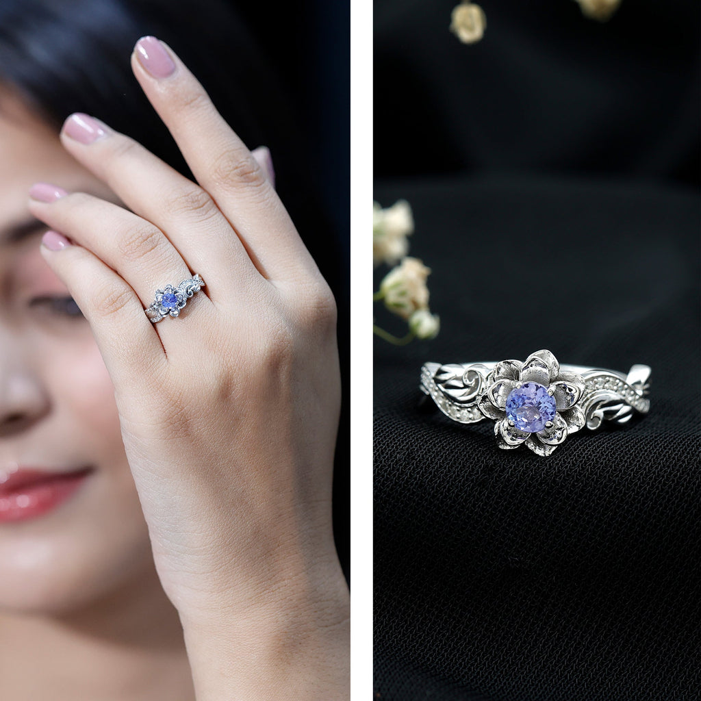 Tanzanite Engagement Ring – Silver Floral Ring with Diamond Flower Design