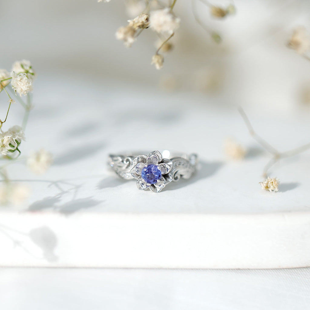 Tanzanite Engagement Ring – Silver Floral Ring with Diamond Flower Design