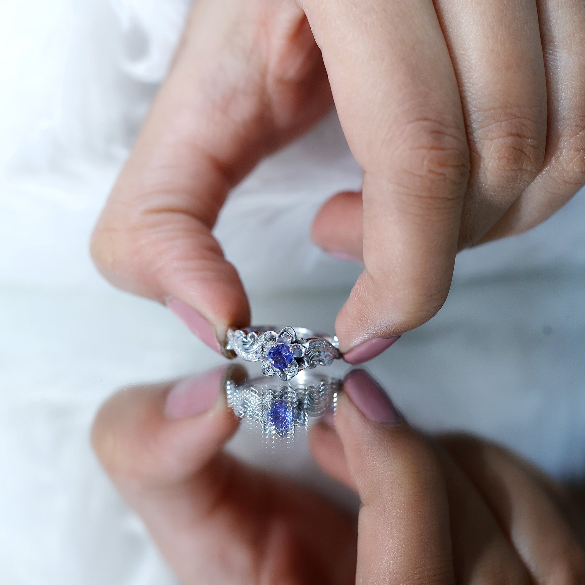 Tanzanite Engagement Ring – Silver Floral Ring with Diamond Flower Design