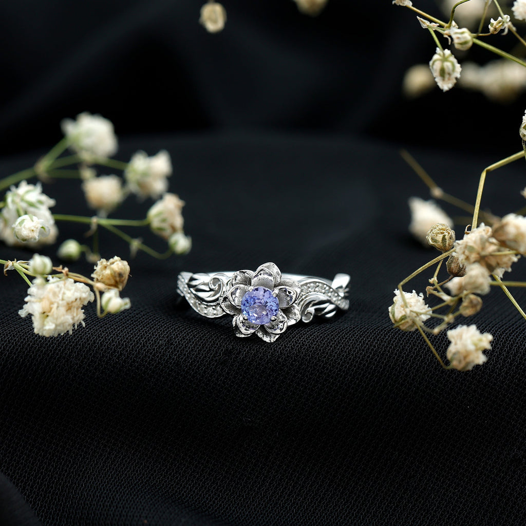 Tanzanite Engagement Ring – Silver Floral Ring with Diamond Flower Design