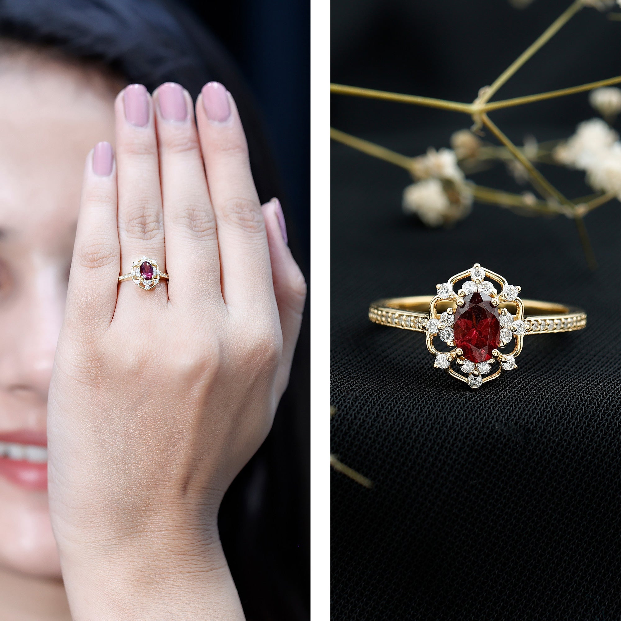 Vintage Engagement Ring – Oval Rhodolite Garnet with Sparkling Diamond Accents