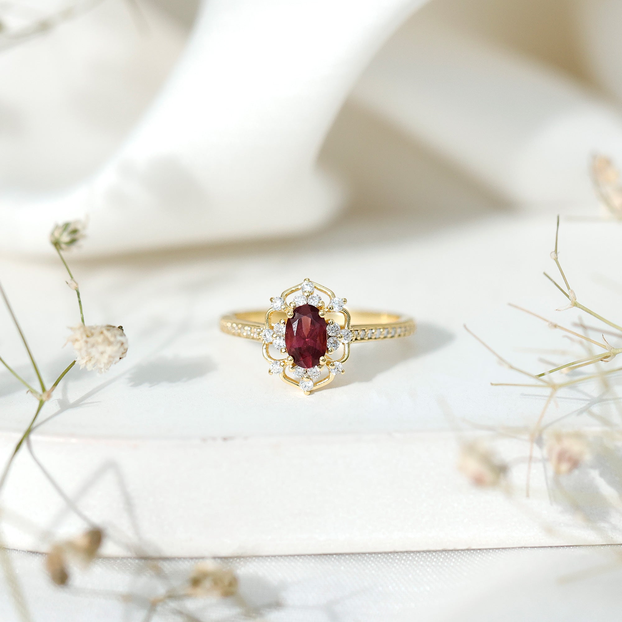 Vintage Engagement Ring – Oval Rhodolite Garnet with Sparkling Diamond Accents