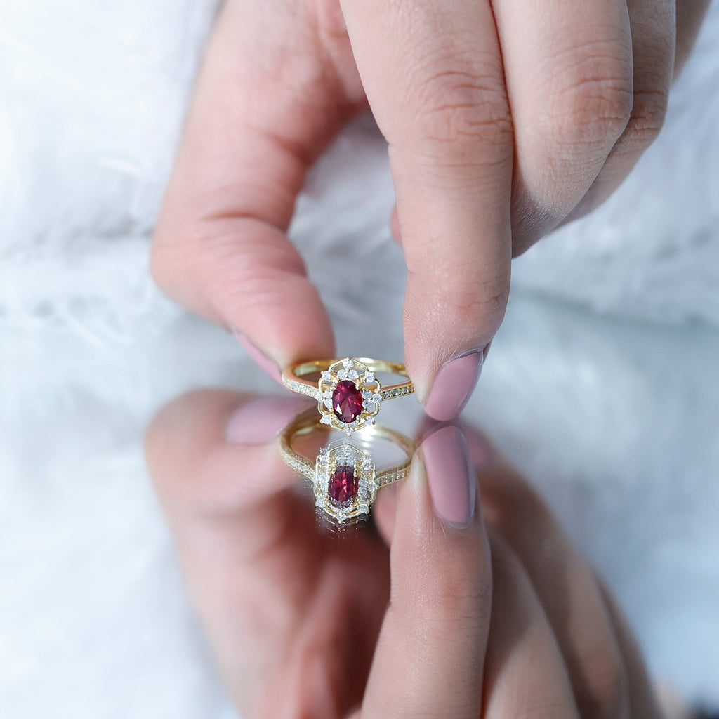 Vintage Engagement Ring – Oval Rhodolite Garnet with Sparkling Diamond Accents