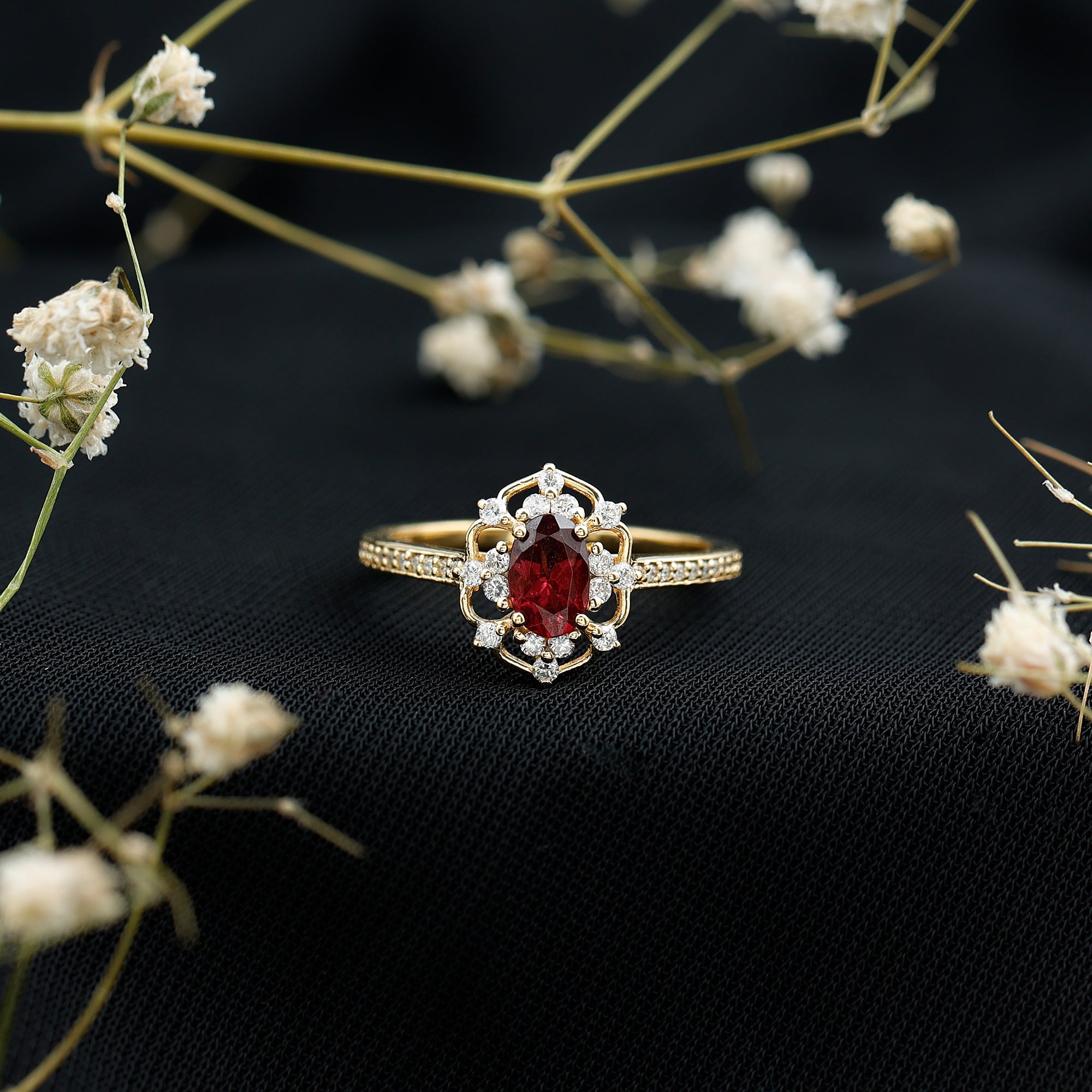 Vintage Engagement Ring – Oval Rhodolite Garnet with Sparkling Diamond Accents