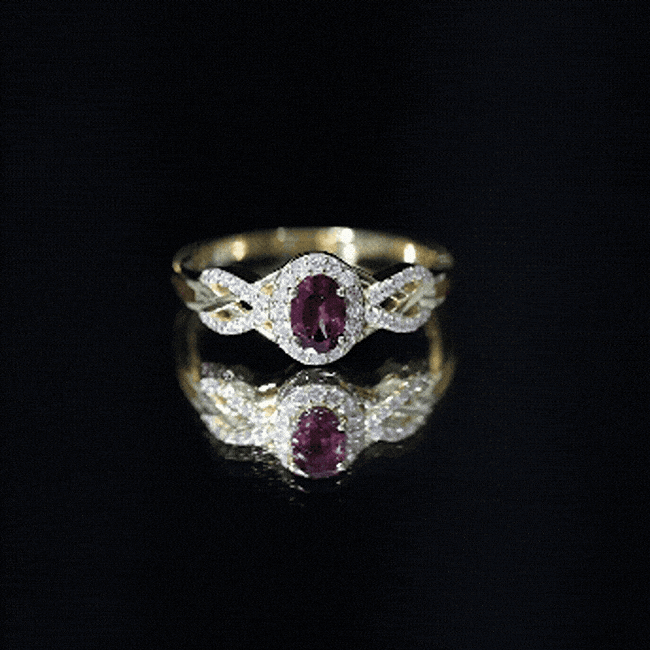 Rhodolite Garnet Engagement Ring – Oval Diamond Halo Ring with Criss Cross Band