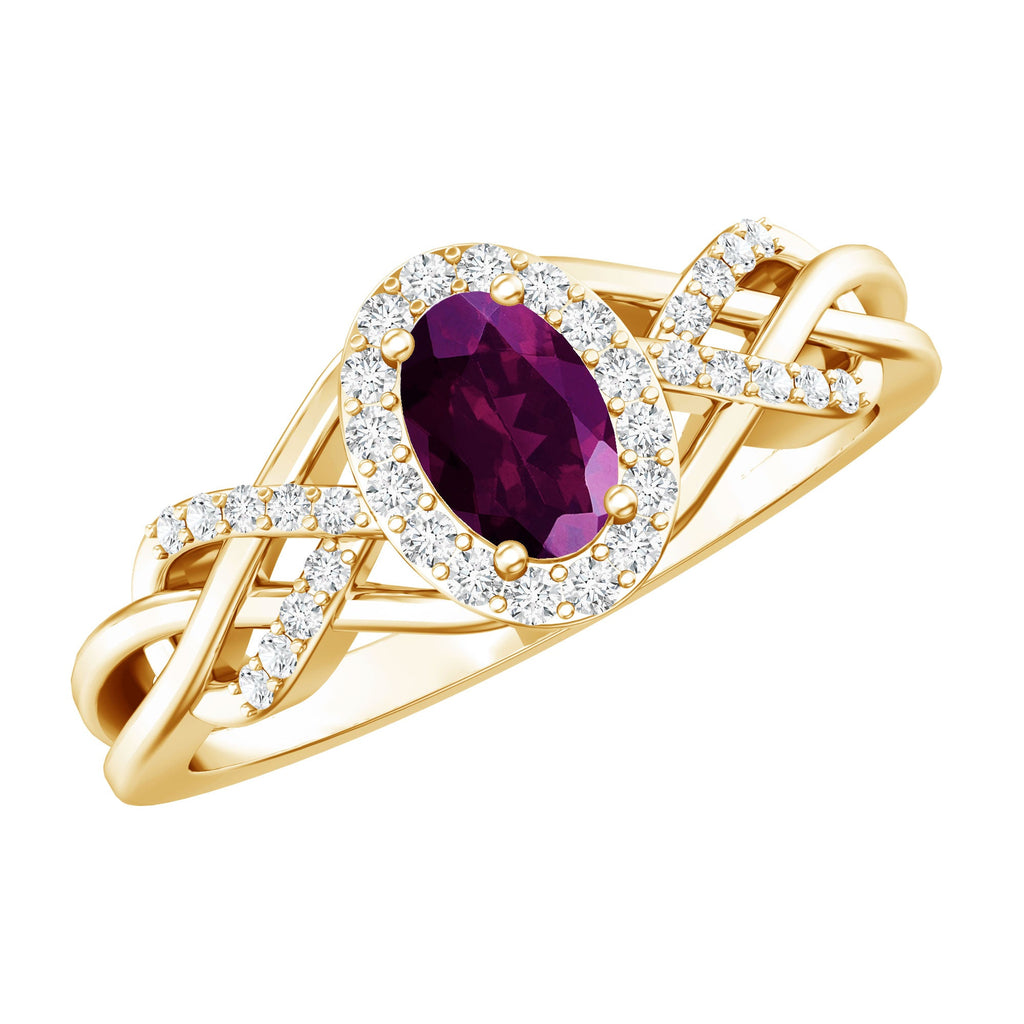 Rhodolite Garnet Engagement Ring – Oval Diamond Halo Ring with Criss Cross Band