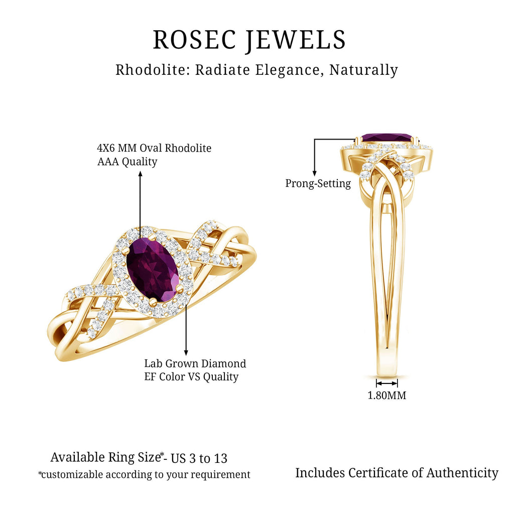 Rhodolite Garnet Engagement Ring – Oval Diamond Halo Ring with Criss Cross Band