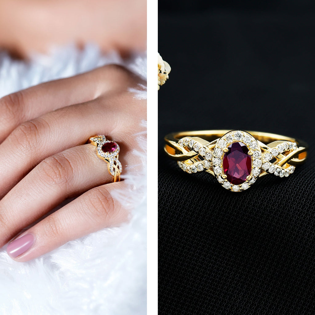 Rhodolite Garnet Engagement Ring – Oval Diamond Halo Ring with Criss Cross Band