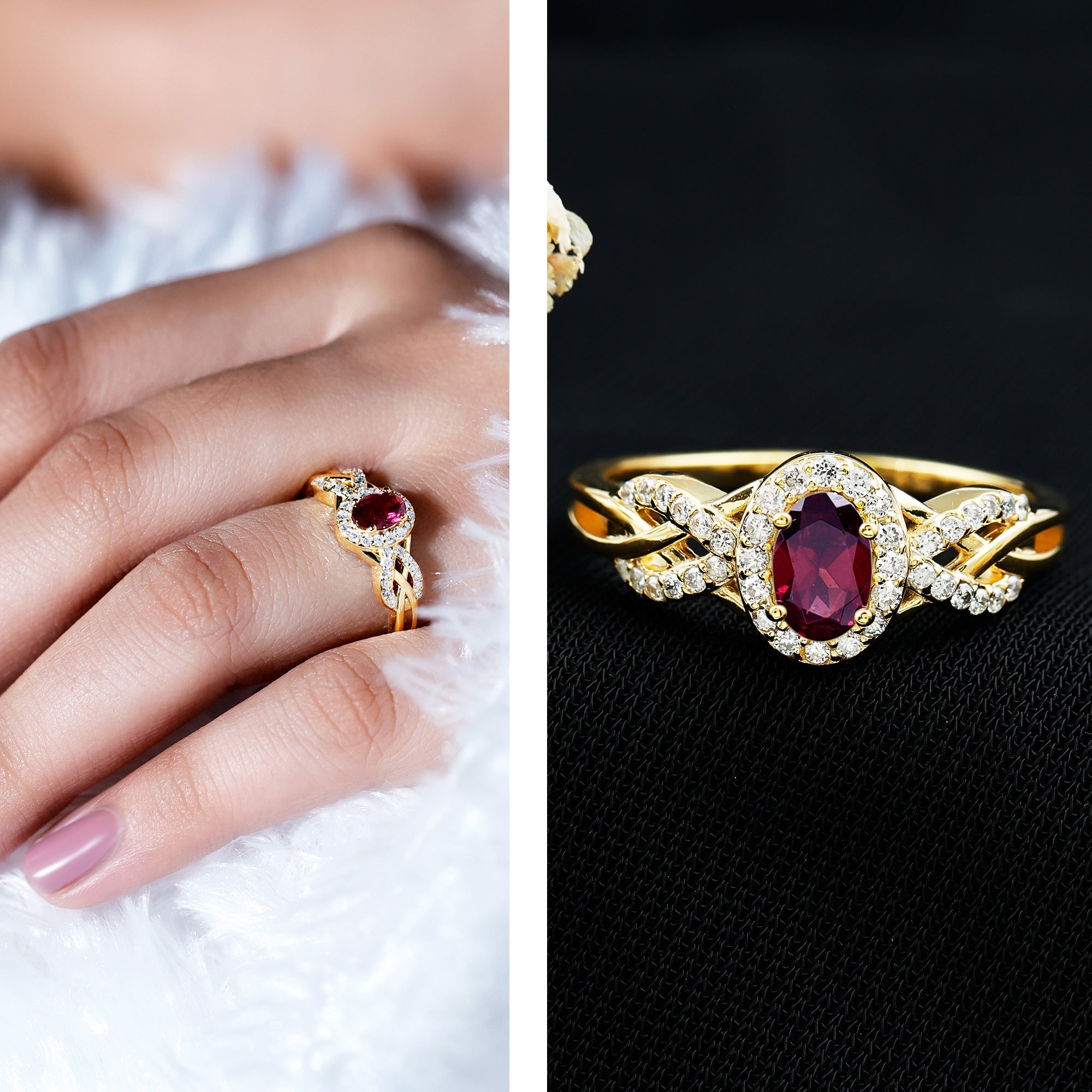Rhodolite Garnet Engagement Ring – Oval Diamond Halo Ring with Criss Cross Band