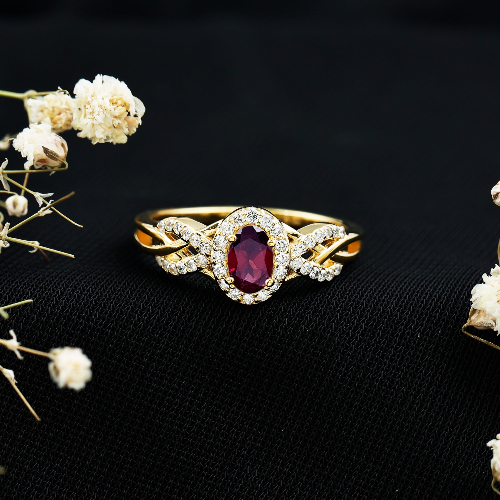 Rhodolite Garnet Engagement Ring – Oval Diamond Halo Ring with Criss Cross Band