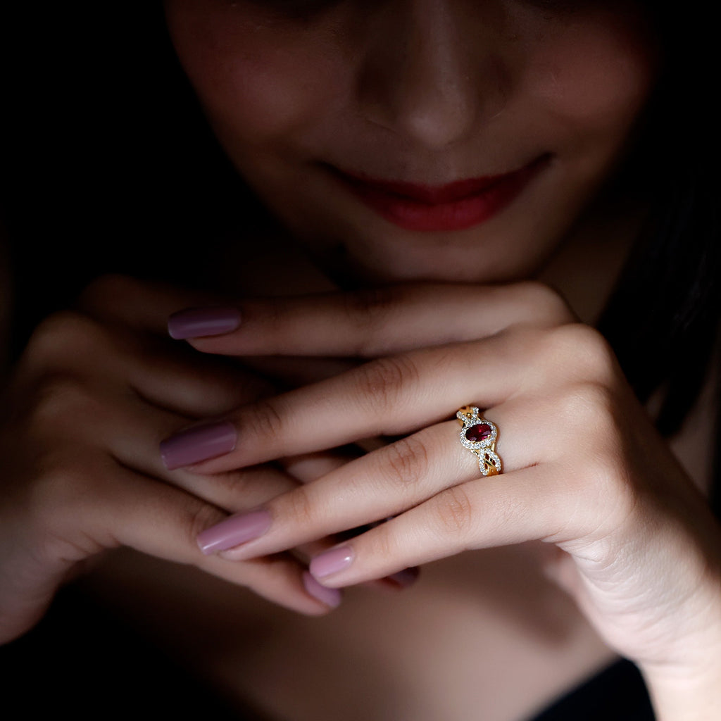 Rhodolite Garnet Engagement Ring – Oval Diamond Halo Ring with Criss Cross Band