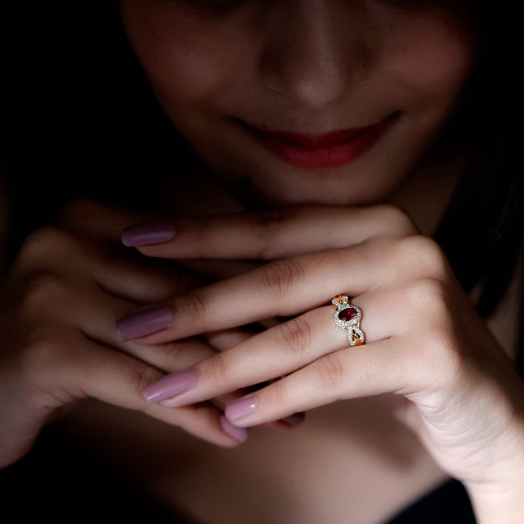 Rhodolite Garnet Engagement Ring – Oval Diamond Halo Ring with Criss Cross Band