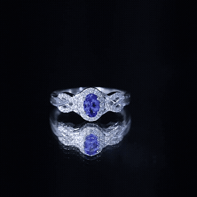 Tanzanite Engagement Ring - 14K White Gold Oval Halo Diamond Criss Cross Band