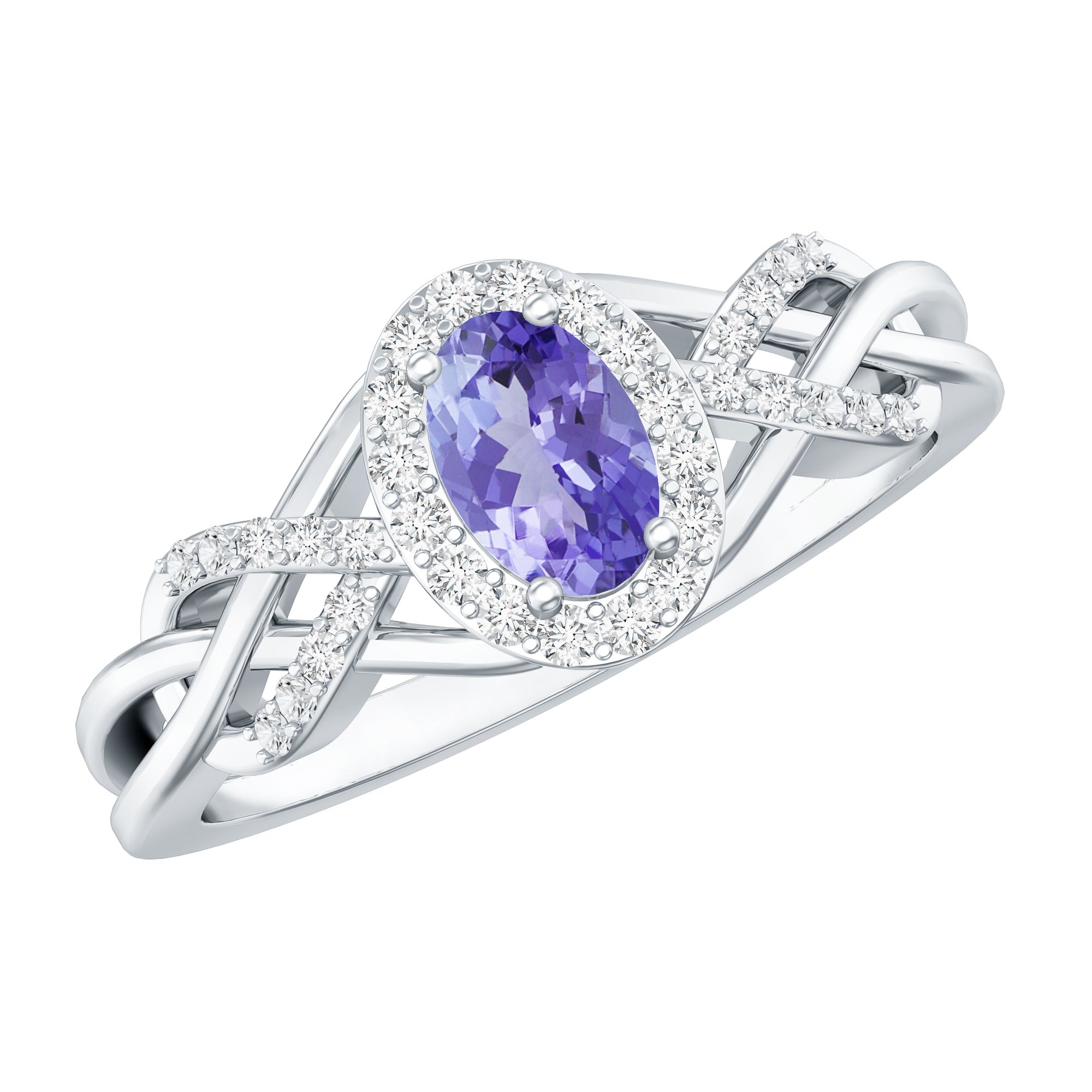 Tanzanite Engagement Ring - 14K White Gold Oval Halo Diamond Criss Cross Band