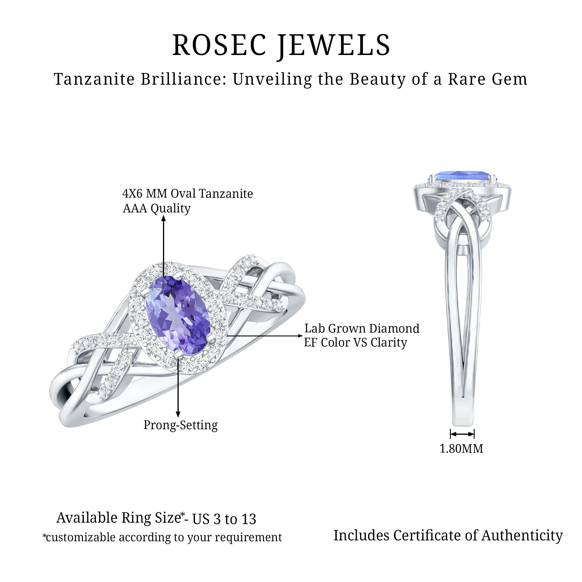 Tanzanite Engagement Ring - 14K White Gold Oval Halo Diamond Criss Cross Band