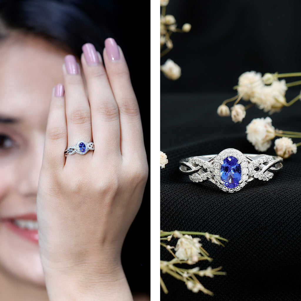 Tanzanite Engagement Ring - 14K White Gold Oval Halo Diamond Criss Cross Band