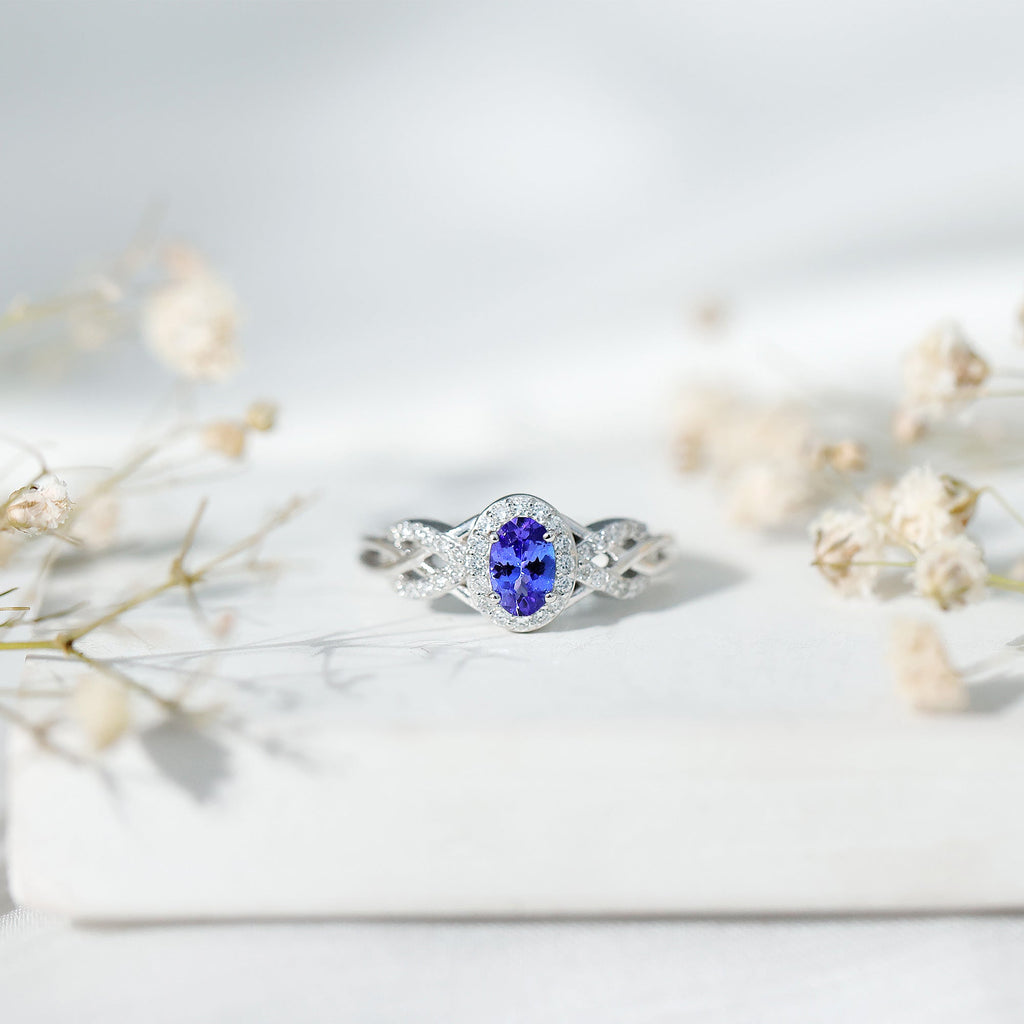 Tanzanite Engagement Ring - 14K White Gold Oval Halo Diamond Criss Cross Band