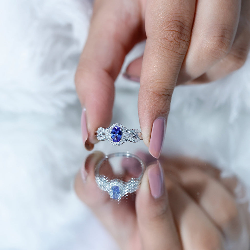 Tanzanite Engagement Ring - 14K White Gold Oval Halo Diamond Criss Cross Band