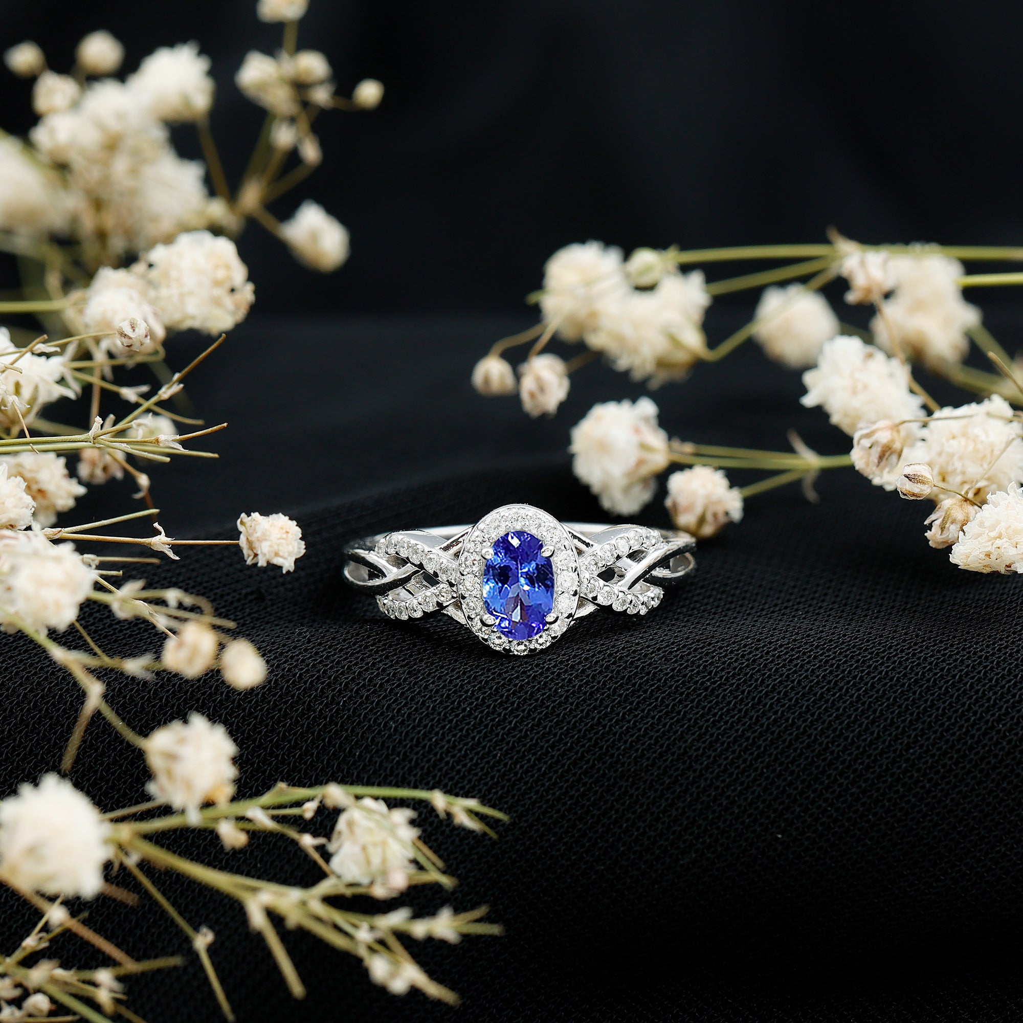 Tanzanite Engagement Ring - 14K White Gold Oval Halo Diamond Criss Cross Band