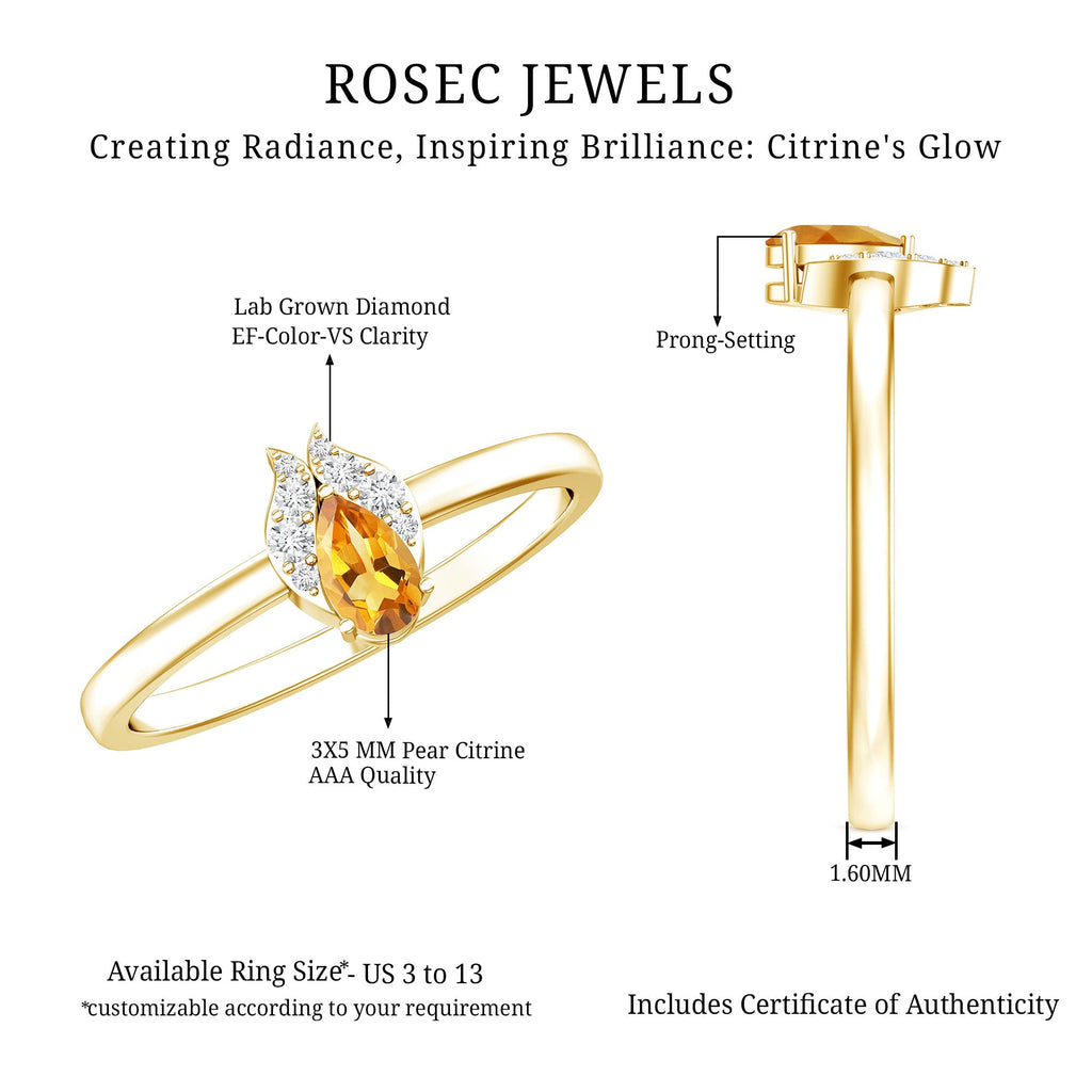 Citrine Promise Ring – Minimalist Pear Shaped Citrine & Lab Grown Diamond Silver Band