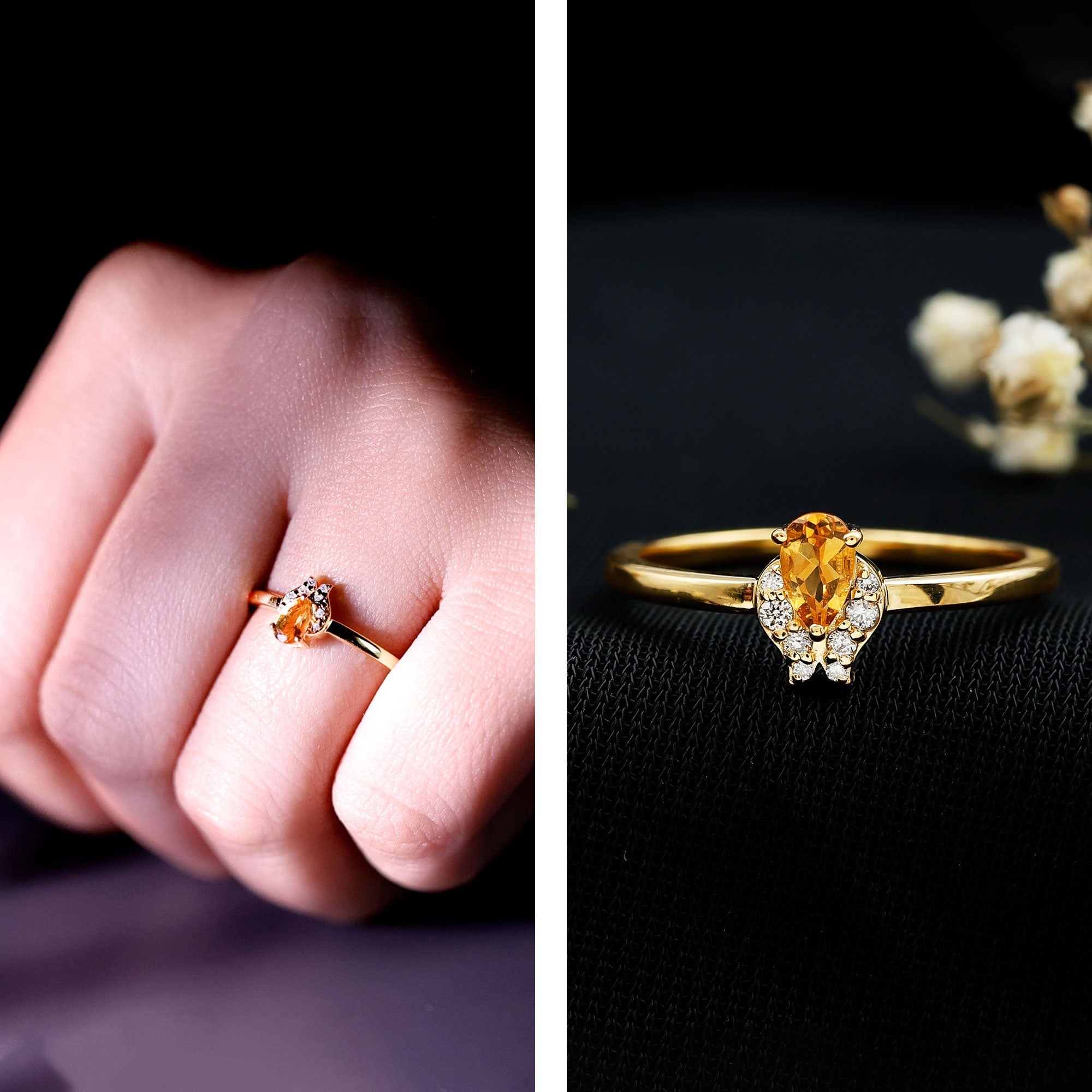 Citrine Promise Ring – Minimalist Pear Shaped Citrine & Lab Grown Diamond Silver Band