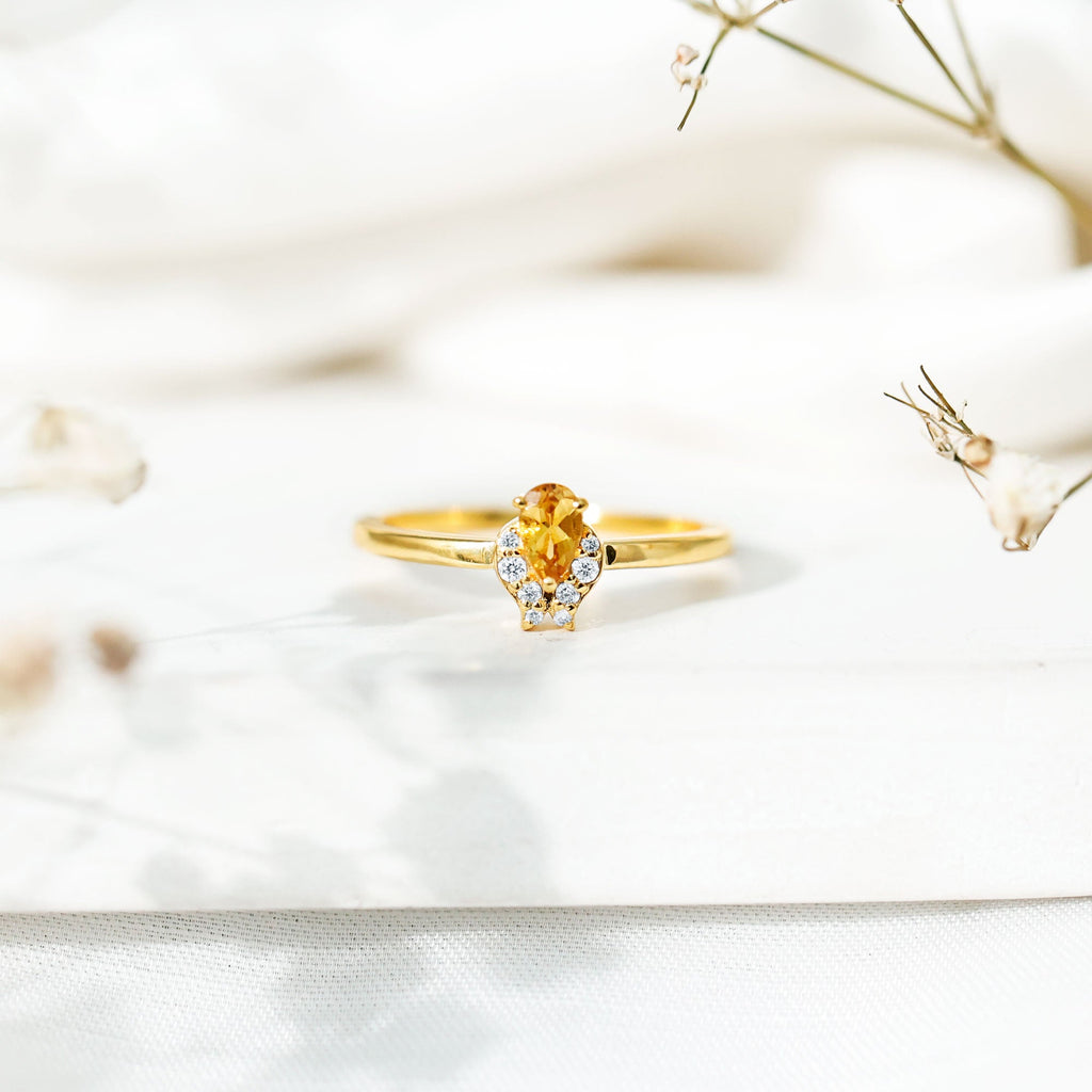 Citrine Promise Ring – Minimalist Pear Shaped Citrine & Lab Grown Diamond Silver Band