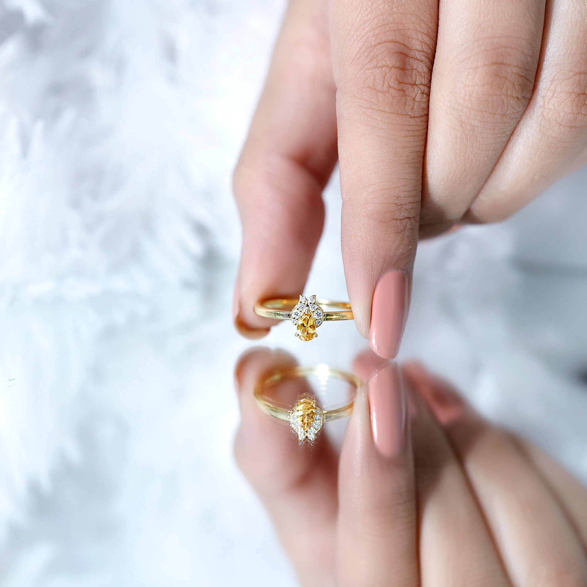 Citrine Promise Ring – Minimalist Pear Shaped Citrine & Lab Grown Diamond Silver Band