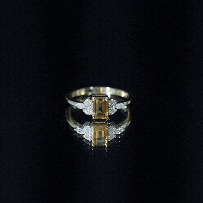 Citrine Engagement Ring – Emerald Cut 0.6 Ct with Diamond Trio in Yellow Gold
