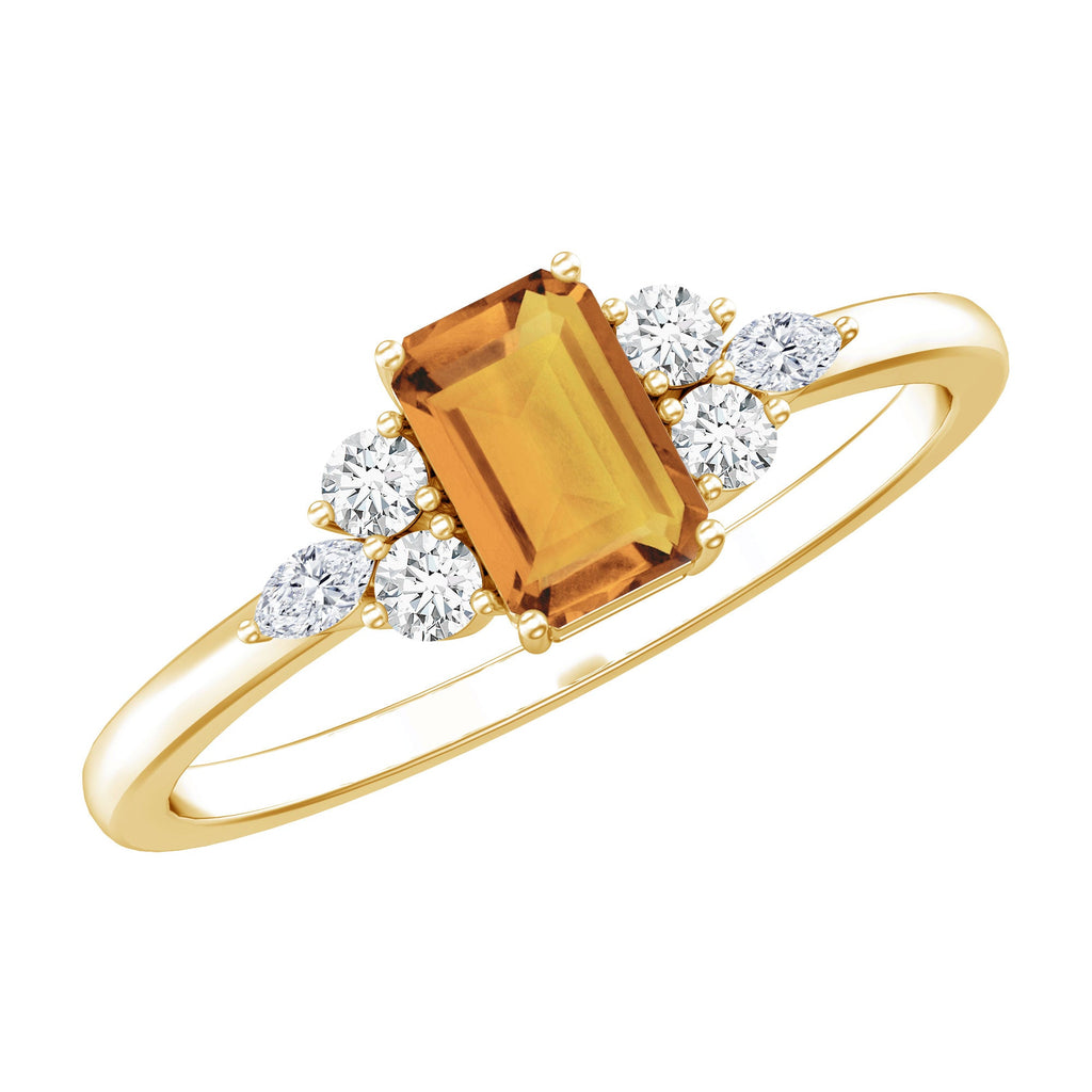 Citrine Engagement Ring – Emerald Cut 0.6 Ct with Diamond Trio in Yellow Gold