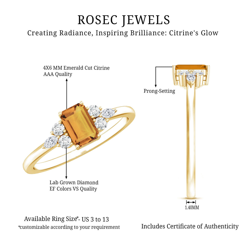 Citrine Engagement Ring – Emerald Cut 0.6 Ct with Diamond Trio in Yellow Gold