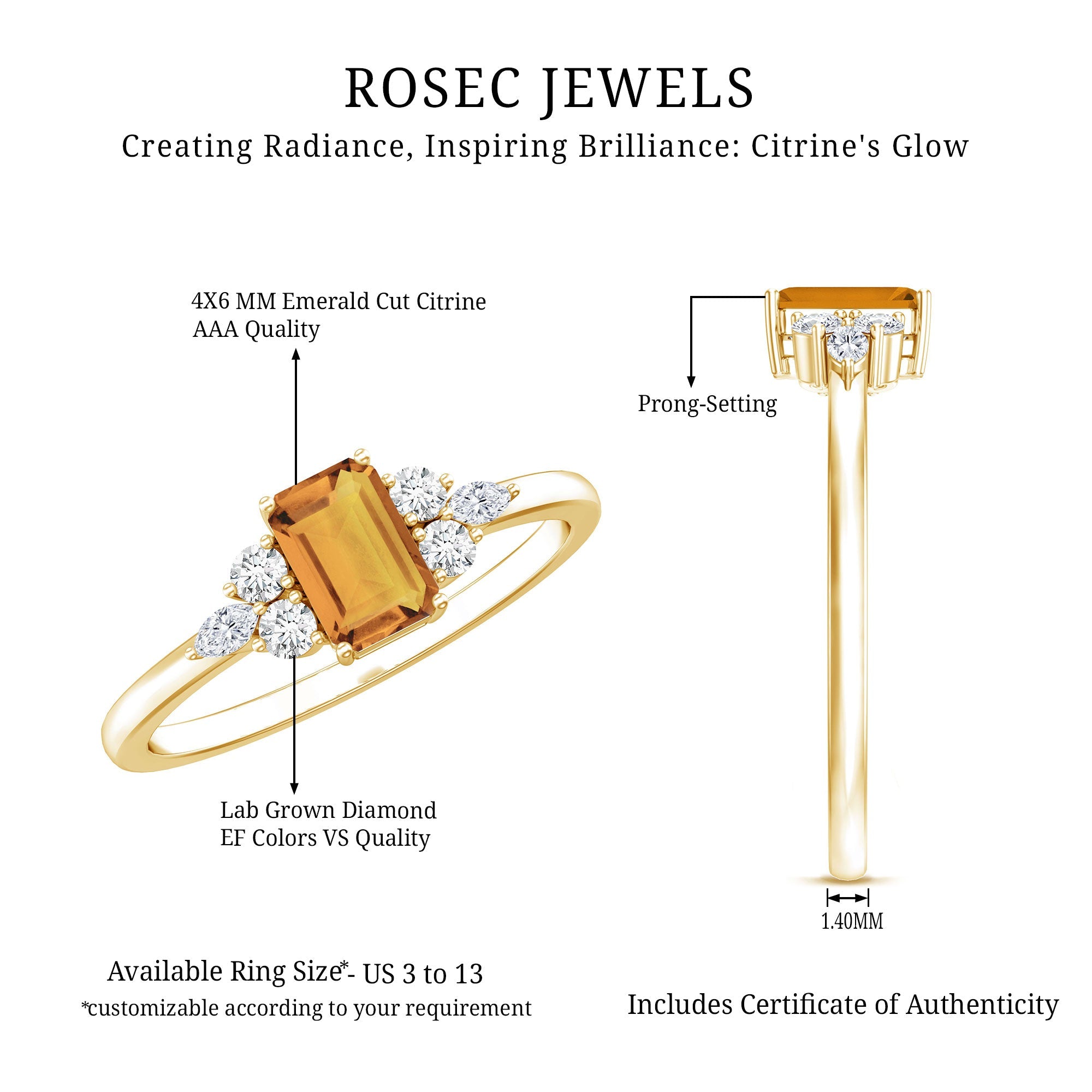Citrine Engagement Ring – Emerald Cut 0.6 Ct with Diamond Trio in Yellow Gold