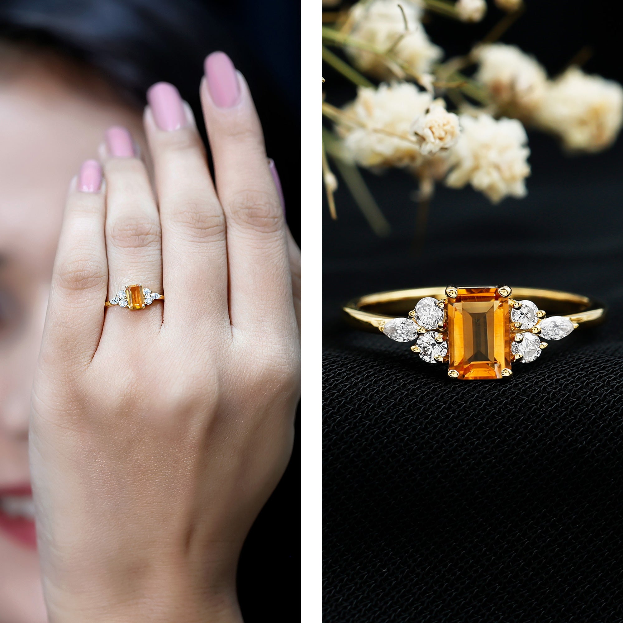 Citrine Engagement Ring – Emerald Cut 0.6 Ct with Diamond Trio in Yellow Gold