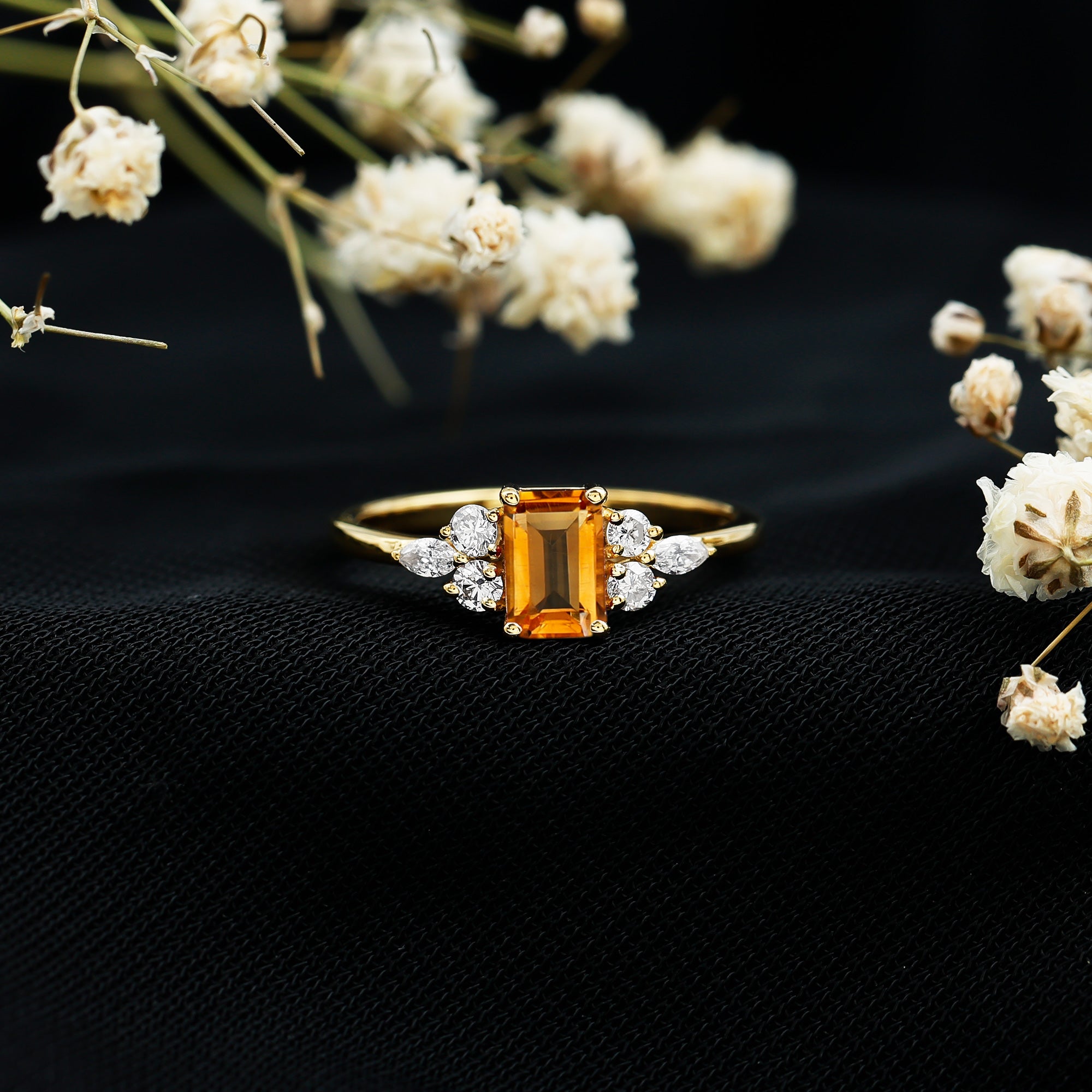 Citrine Engagement Ring – Emerald Cut 0.6 Ct with Diamond Trio in Yellow Gold
