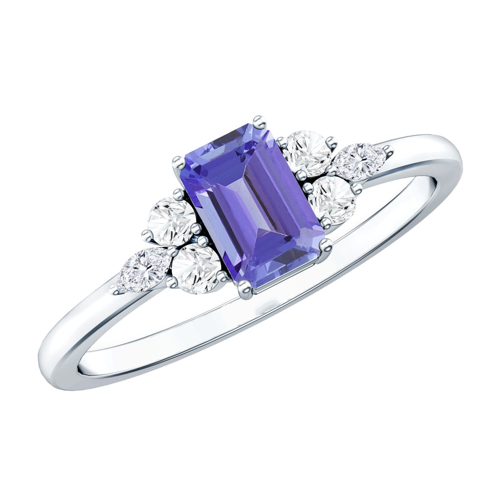 Tanzanite Engagement Ring - Emerald Cut Blue Gemstone | Lab Grown Diamonds, 14K White Gold Plated