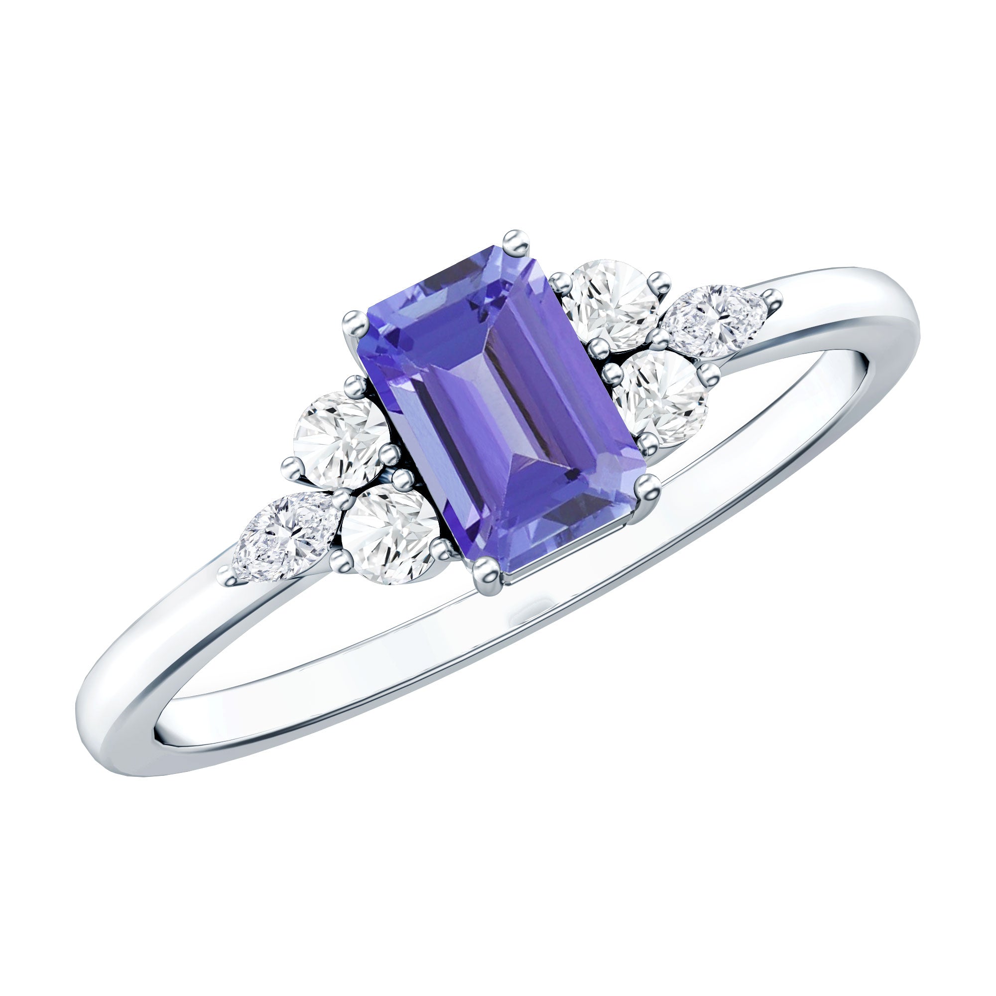 Tanzanite Engagement Ring - Emerald Cut Blue Gemstone | Lab Grown Diamonds, 14K White Gold Plated