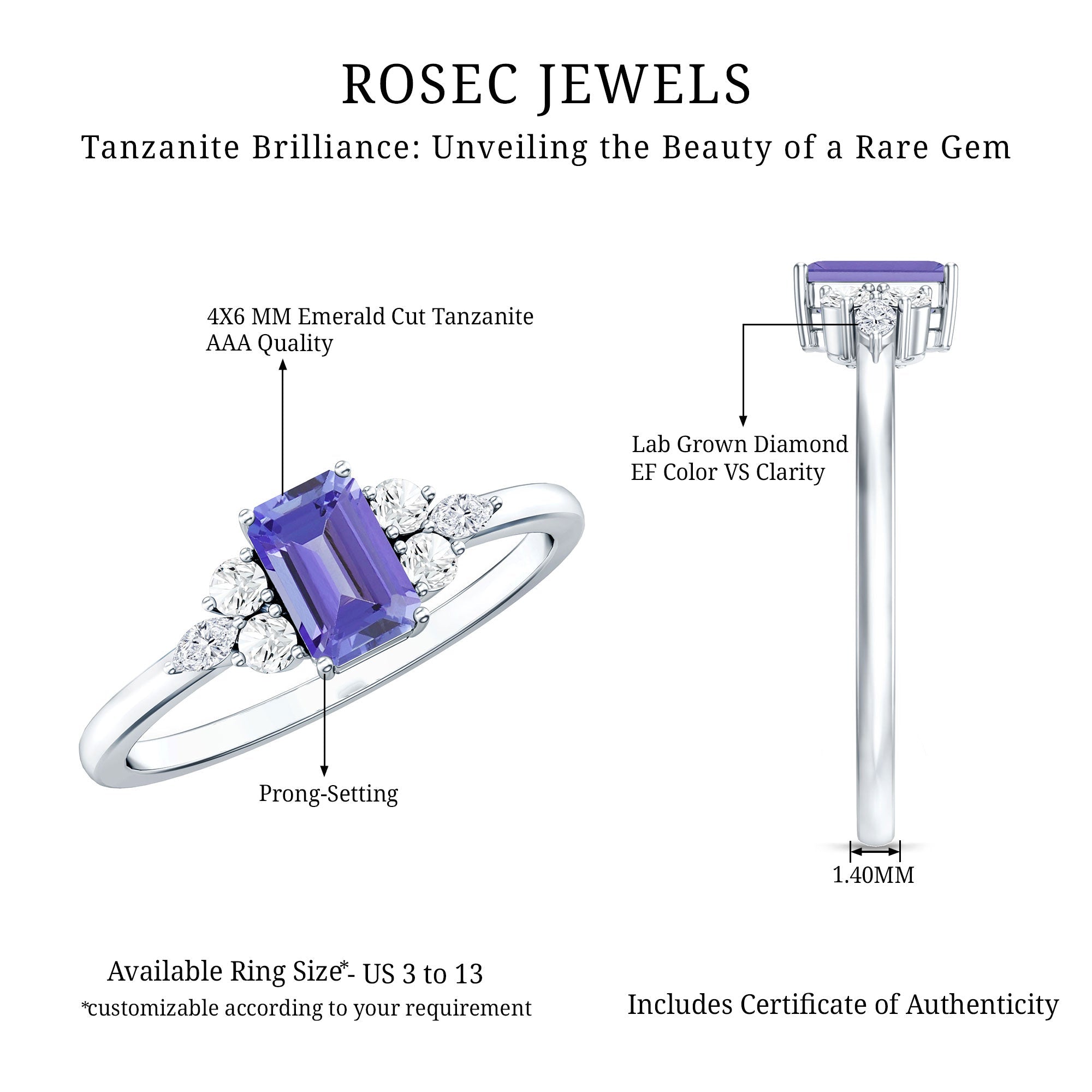 Tanzanite Engagement Ring - Emerald Cut Blue Gemstone | Lab Grown Diamonds, 14K White Gold Plated
