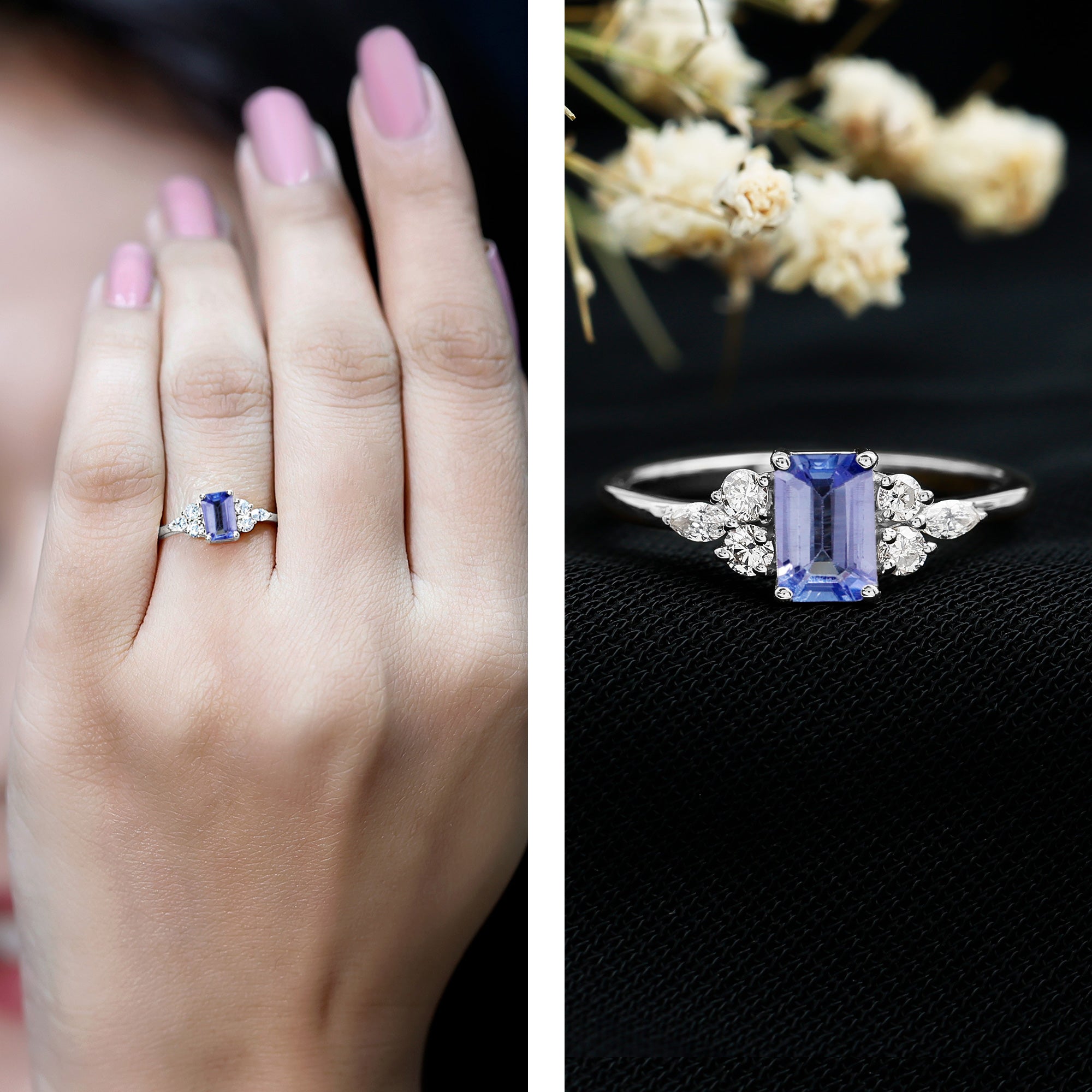Tanzanite Engagement Ring - Emerald Cut Blue Gemstone | Lab Grown Diamonds, 14K White Gold Plated