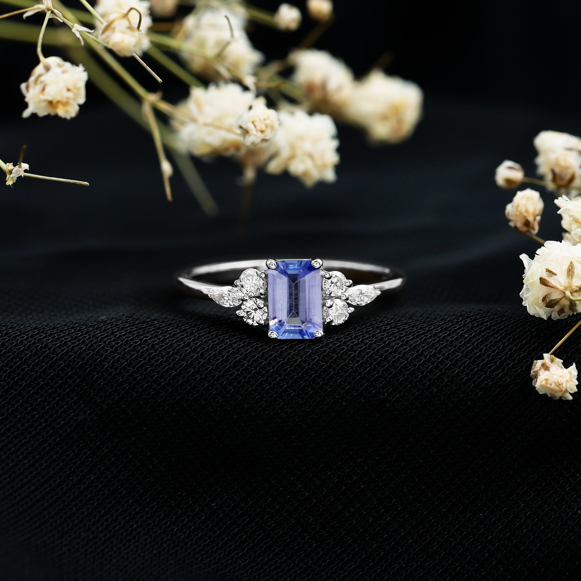 Tanzanite Engagement Ring - Emerald Cut Blue Gemstone | Lab Grown Diamonds, 14K White Gold Plated