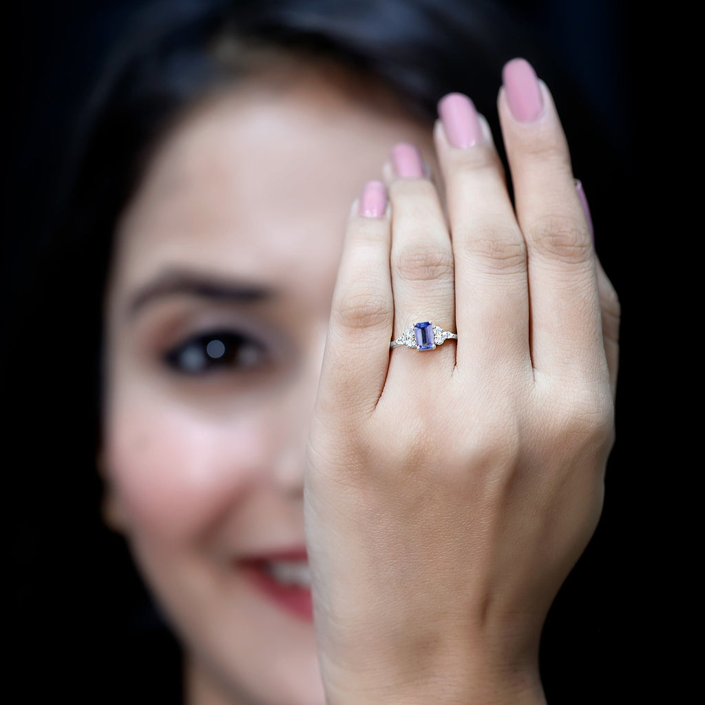 Tanzanite Engagement Ring - Emerald Cut Blue Gemstone | Lab Grown Diamonds, 14K White Gold Plated